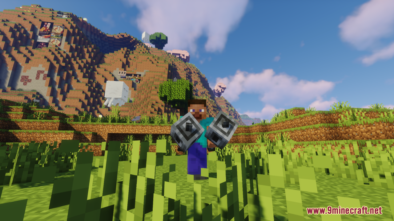 Mace 3D Item Resource Pack Screenshot 8 A player character dual wielding two 3D maces in a grassy field
