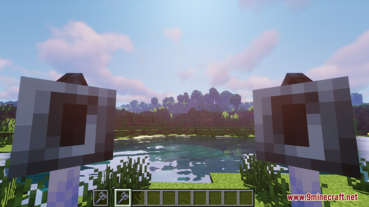 Mace 3D Item Resource Pack Screenshot 9 Player dual wielding two blocky 3D maces in front of a calm lake