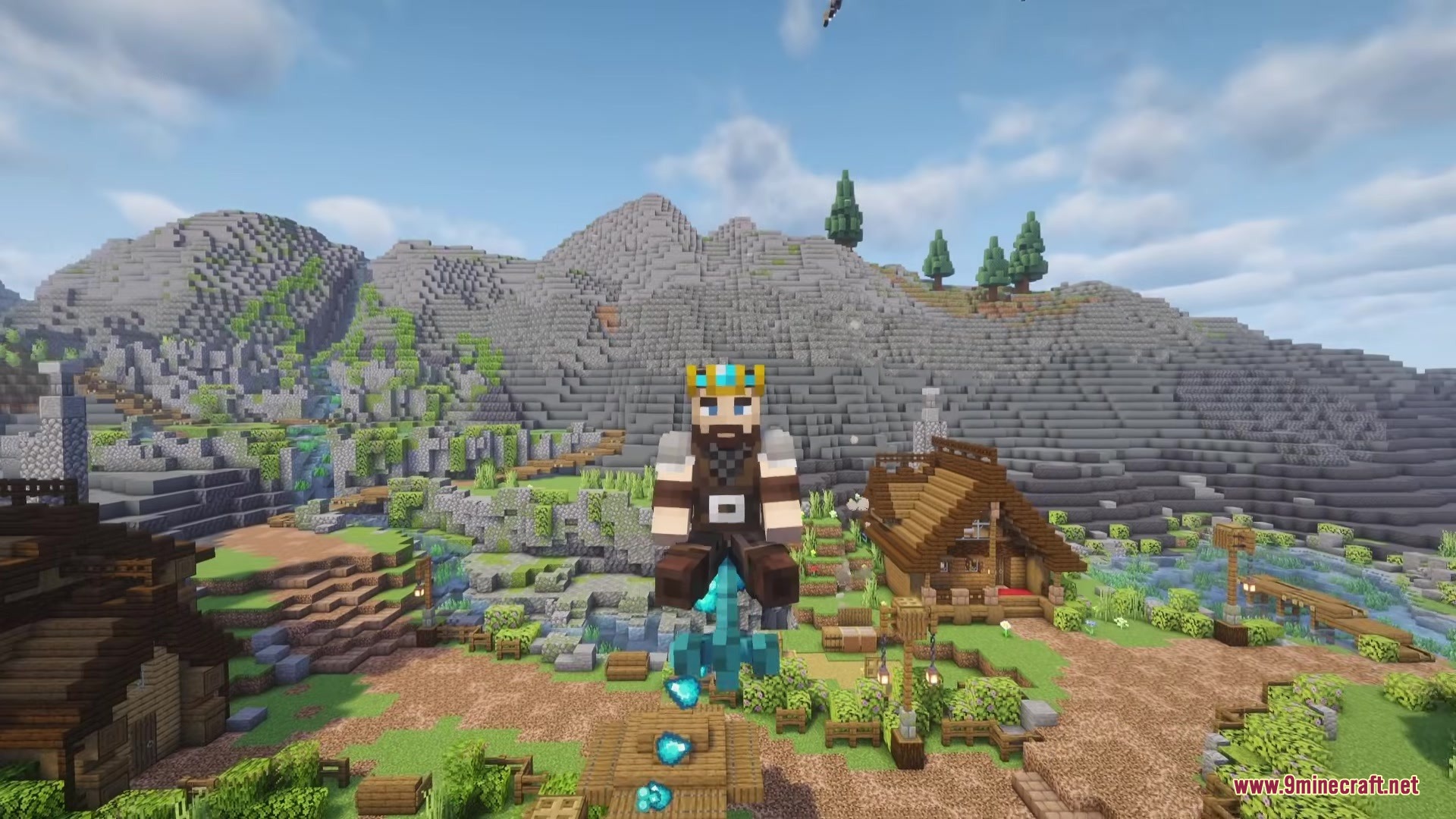 Magic Brooms Mod Screenshot 2 A player flies over a scenic mountain village on a magical blue broomstick