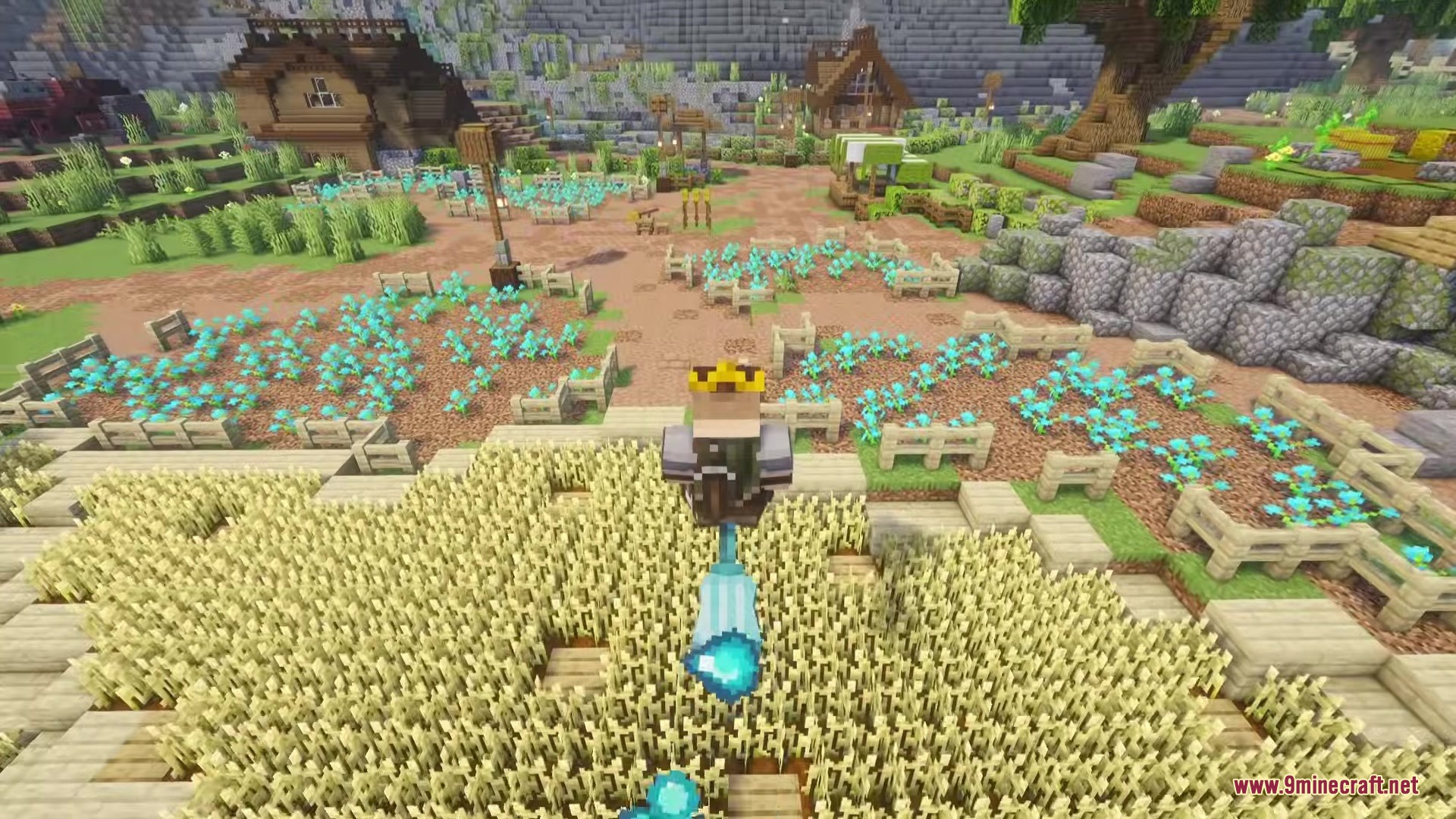 Magic Brooms Mod Screenshot 3 Character riding a magical broomstick over a farm with glowing blue crops