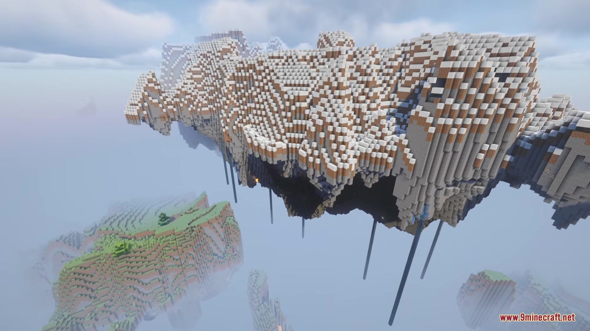 Large snowy floating islands with long pillars hanging down into the mist