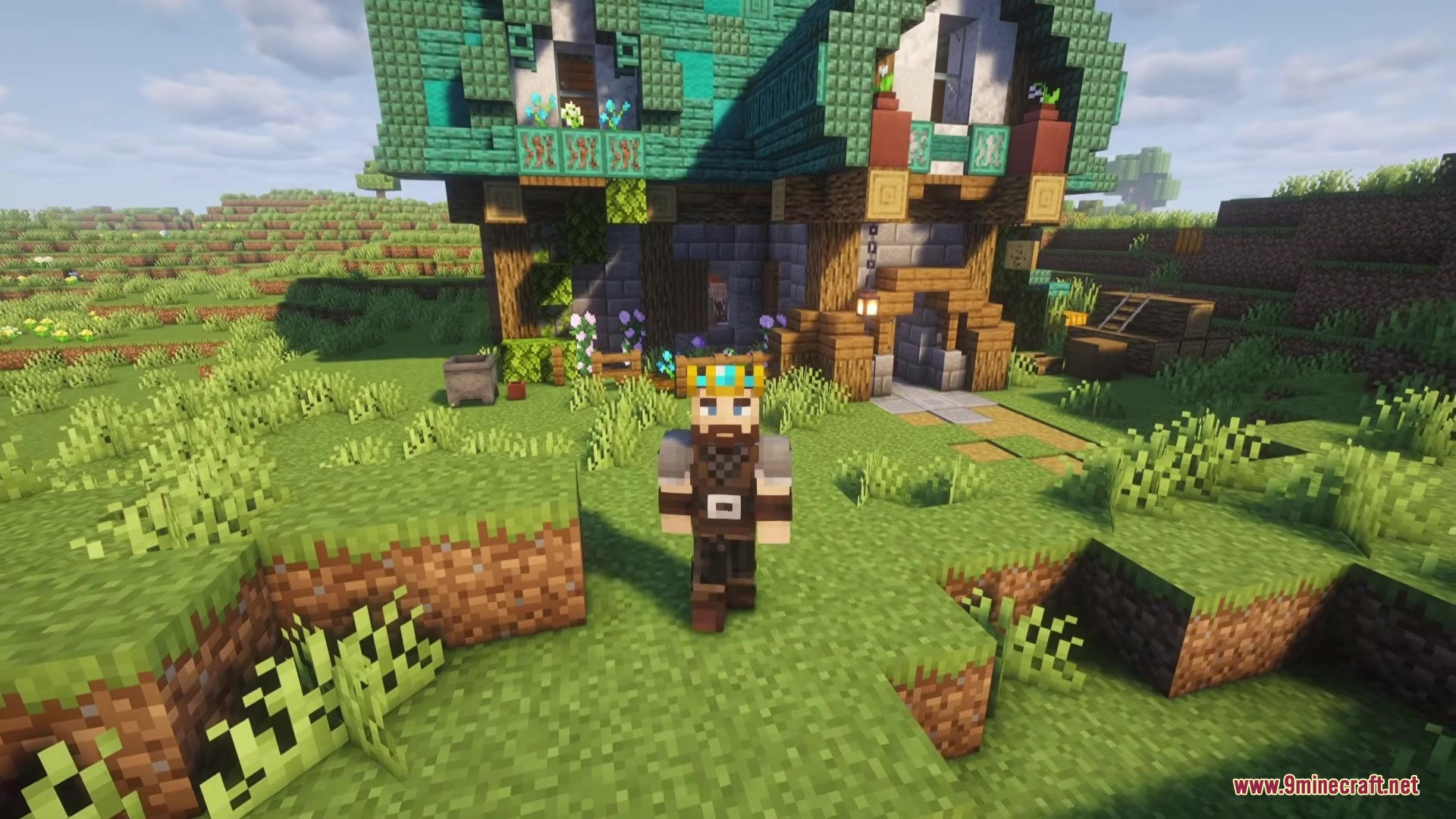 A player wearing a crown stands in front of a large wooden tavern