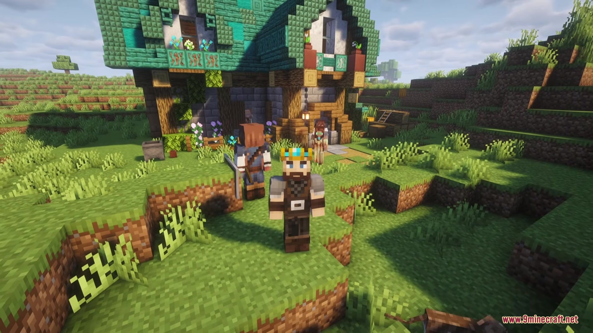 A player wearing a crown stands with hired mercenaries near a tavern