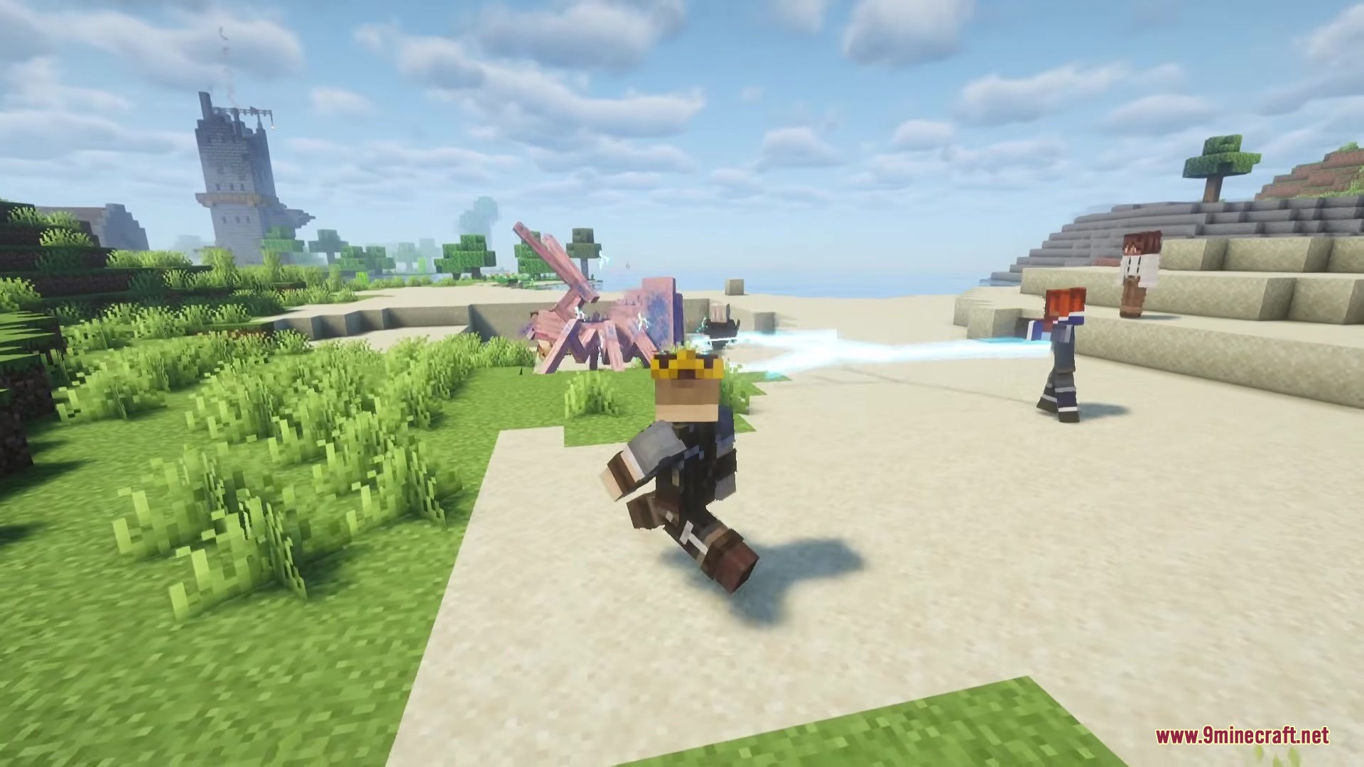 A player runs on a beach while a mage mercenary casts spells