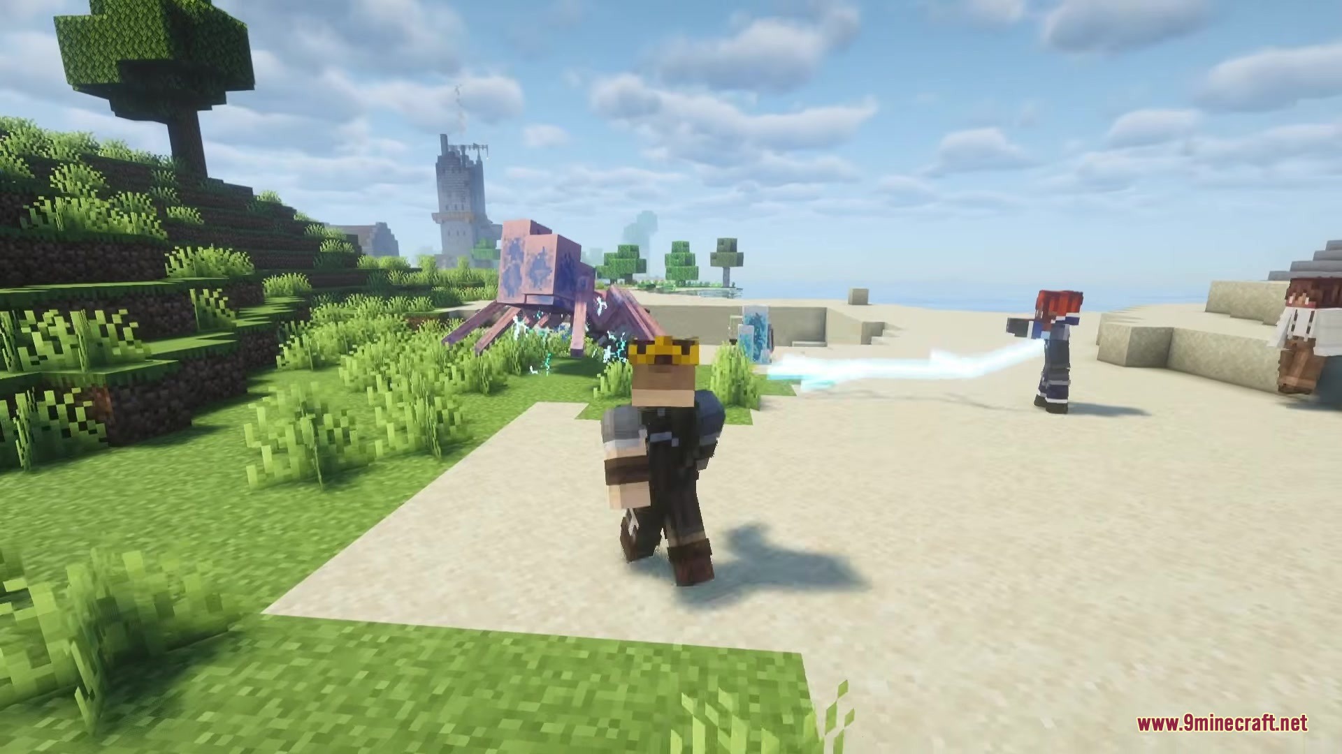 A mage mercenary casts a blue magic beam at a purple creature