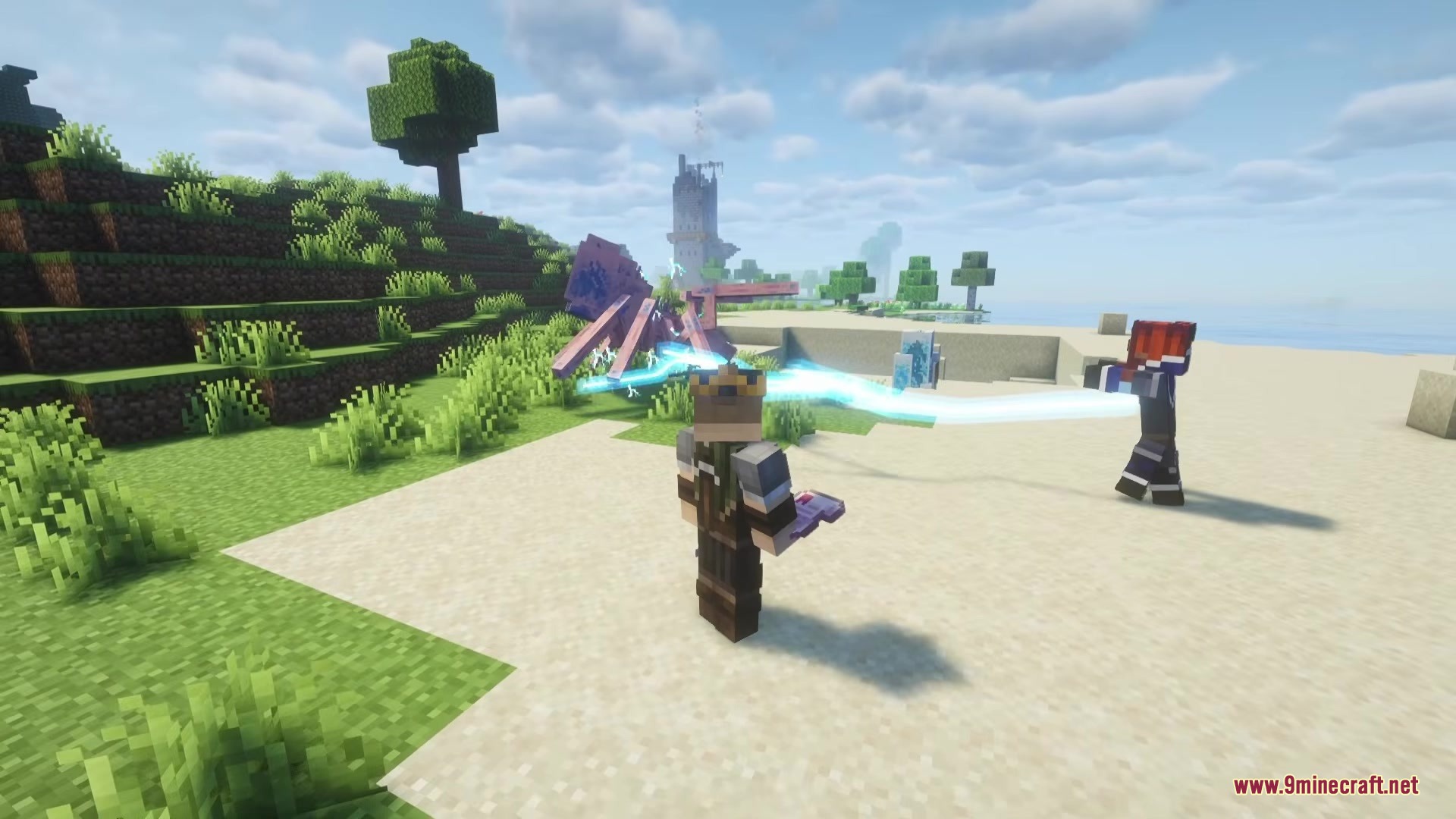 A player holds a magic book while a mercenary fights a monster