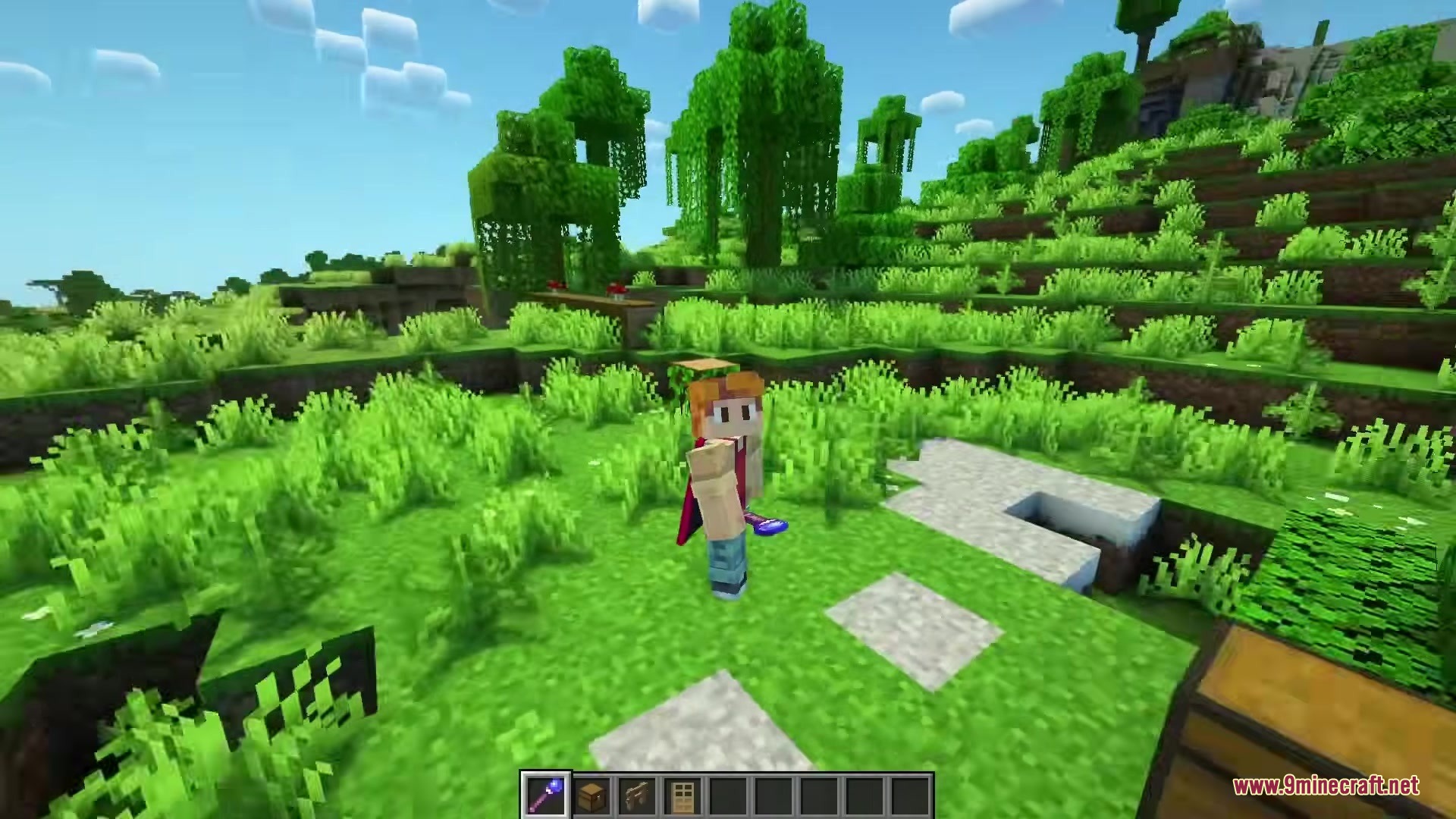 A player character holding a glowing purple magic wand in a grassy field