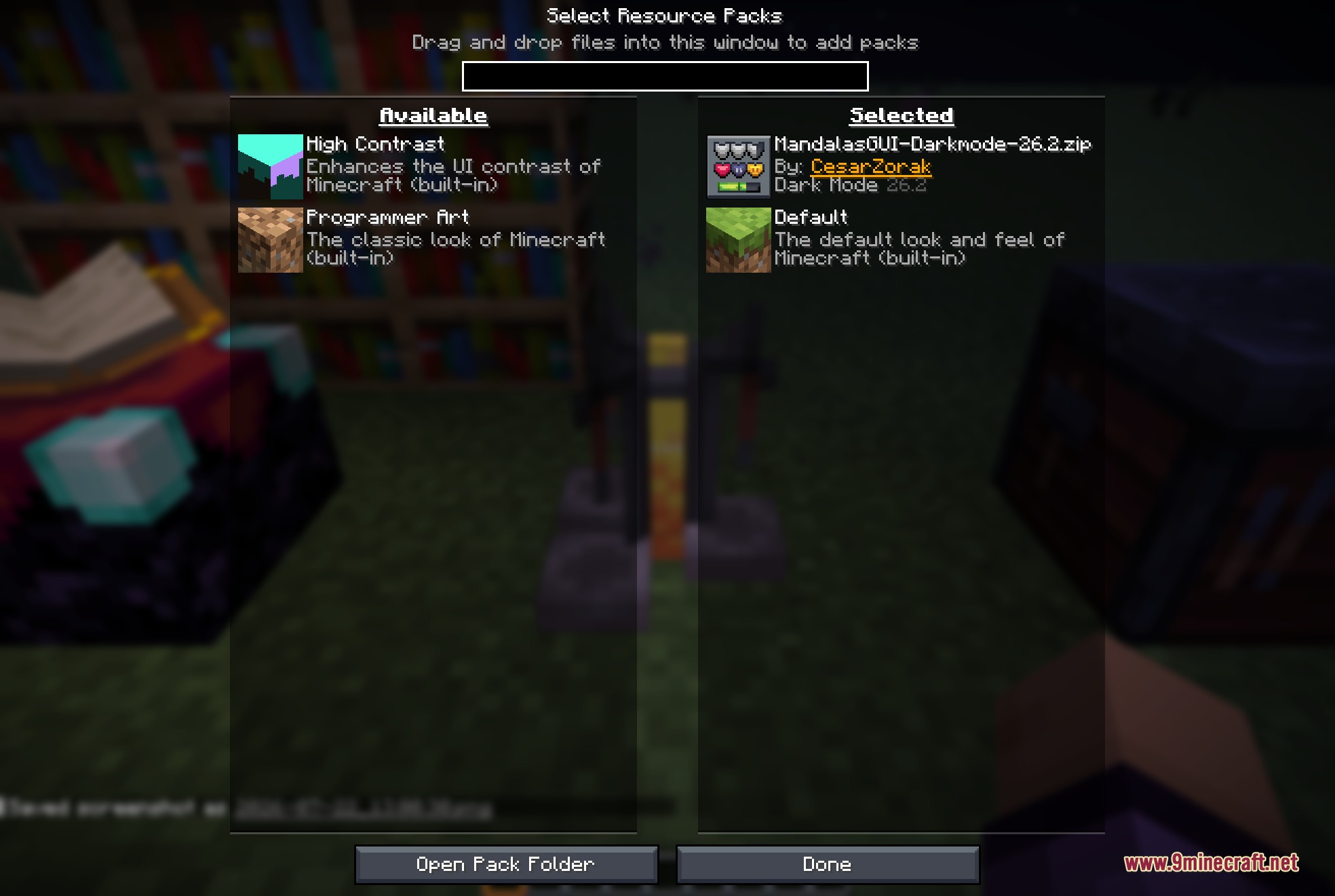 Mandala's GUI Dark Mode 9minecraft Resource Pack Screenshot 1 Selecting a custom dark mode resource pack in the Minecraft settings menu