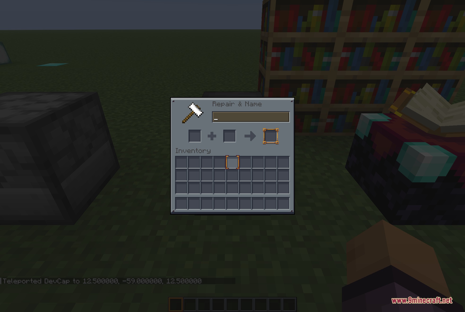 Mandala's GUI Dark Mode 9minecraft Resource Pack Screenshot 7 A dark blue gray anvil interface for repairing and naming items in Minecraft