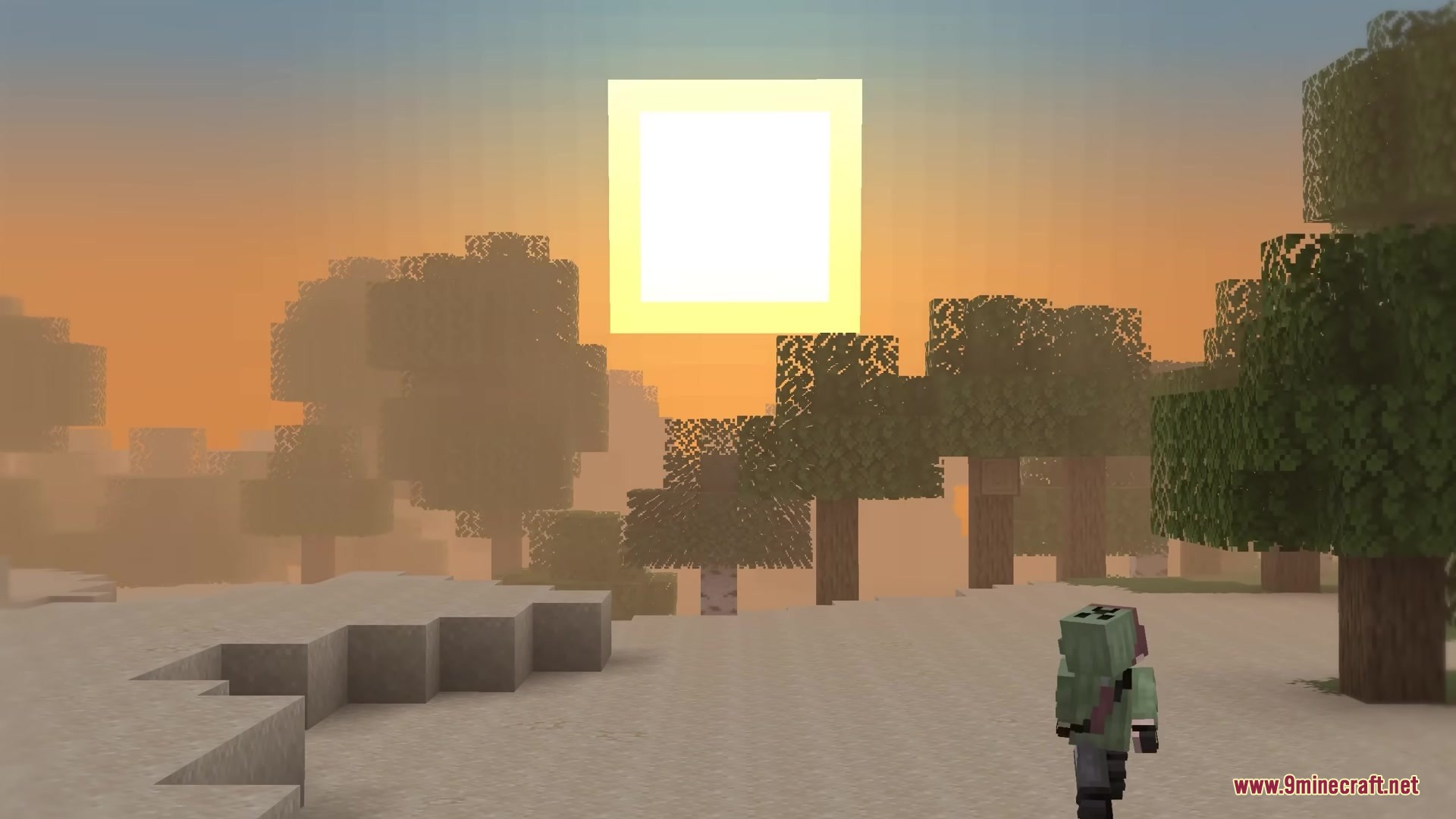 Mc Alive Leaves Resource Pack Screenshot 1 A player stands in a misty forest during a square sun sunset