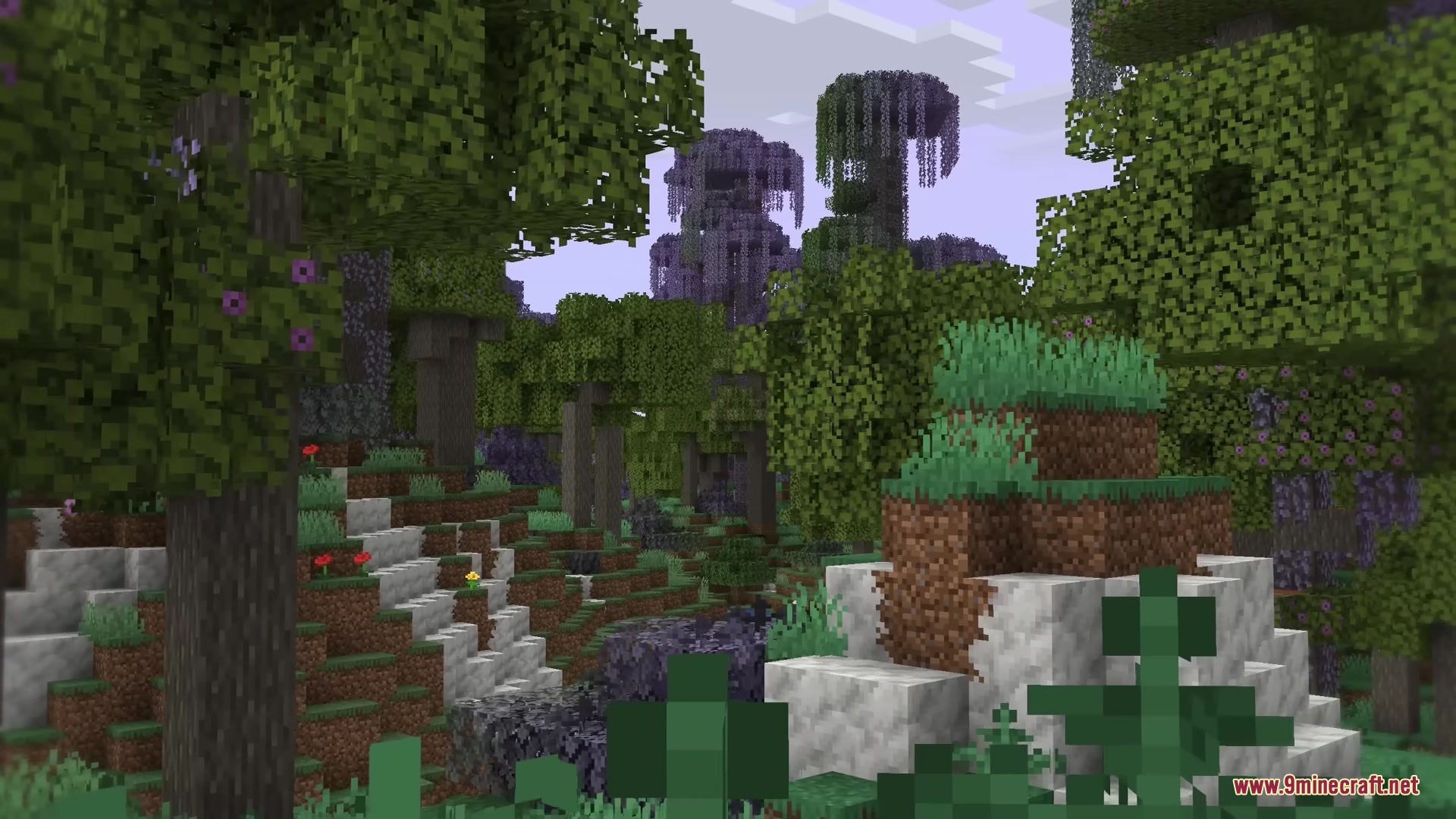 Mc Alive Leaves Resource Pack Screenshot 10 Green and purple trees grow near white stone blocks in a forest