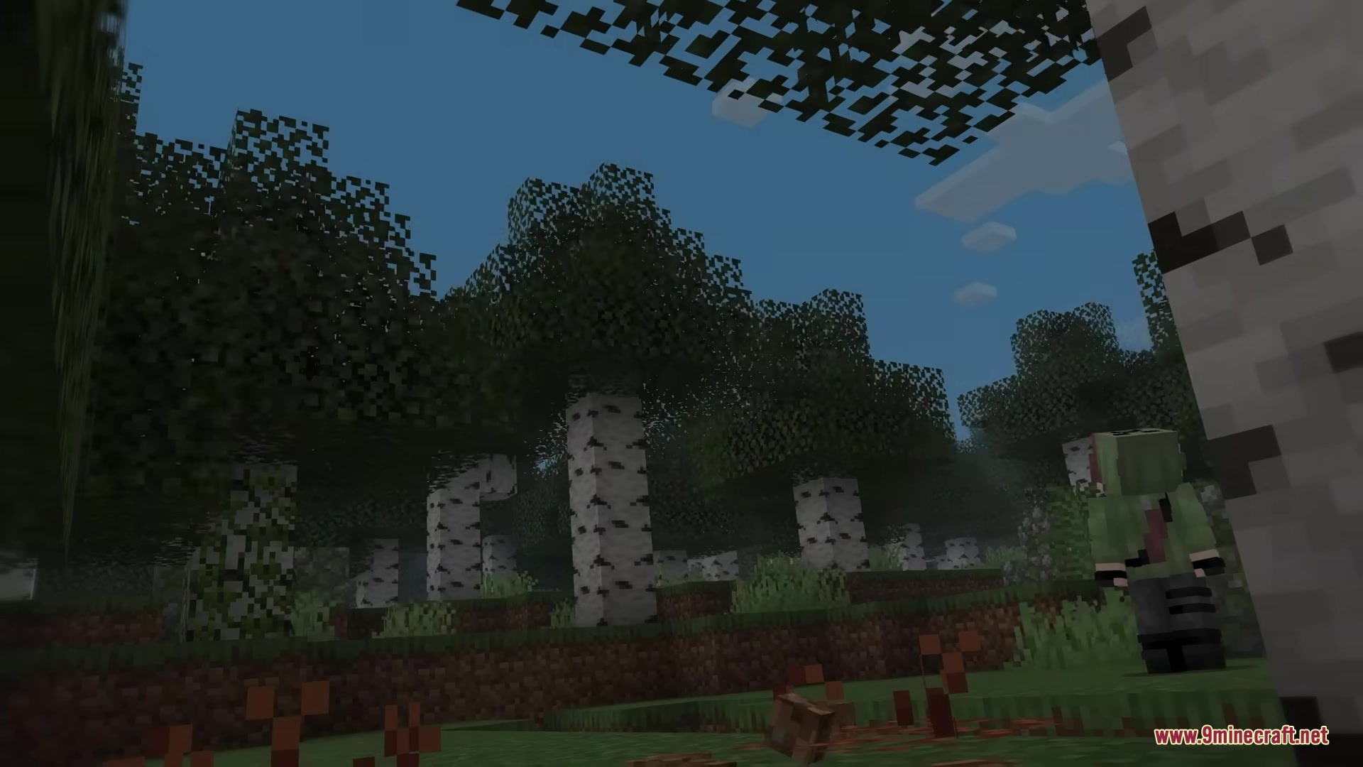 Mc Alive Leaves Resource Pack Screenshot 3 Player character standing in a birch forest with swaying leaves under dark skies