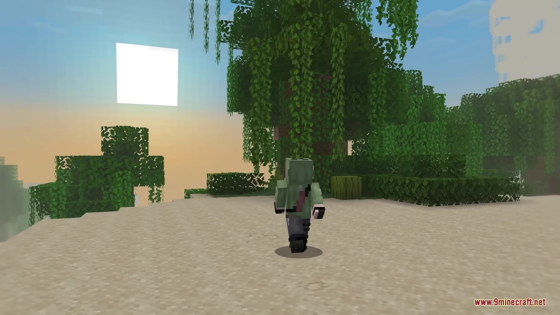Mc Alive Leaves Resource Pack Screenshot 6 Player walks across a sandy beach towards trees with hanging vines