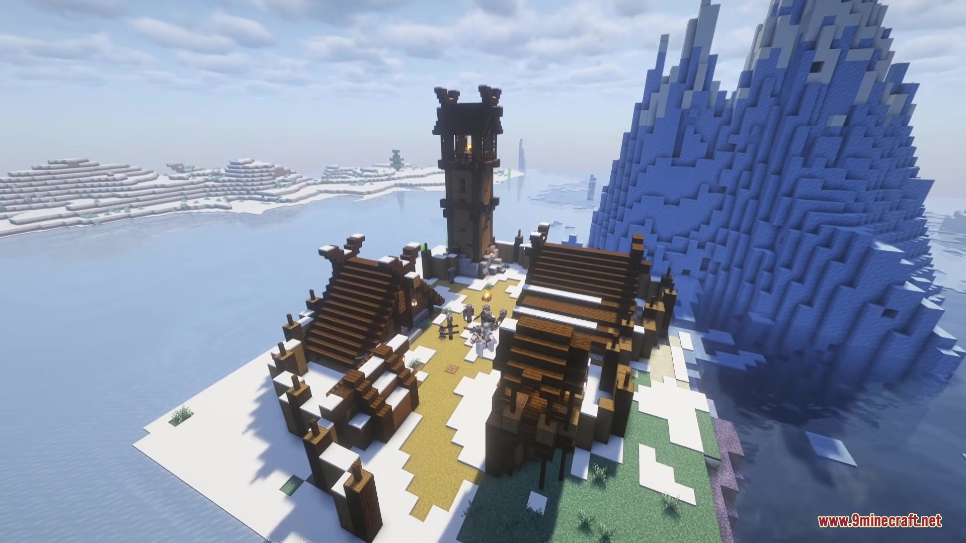 Aerial view of a Norse military camp in a snowy Minecraft biome
