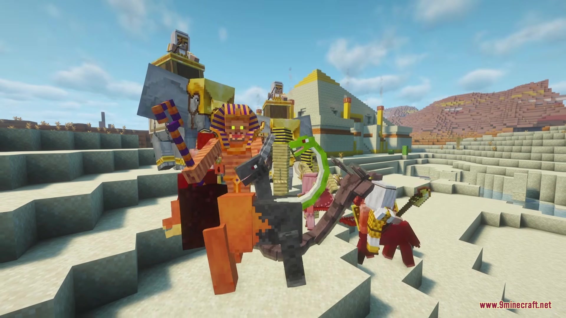 An Egyptian pharaoh rides a beast in the desert near a large pyramid