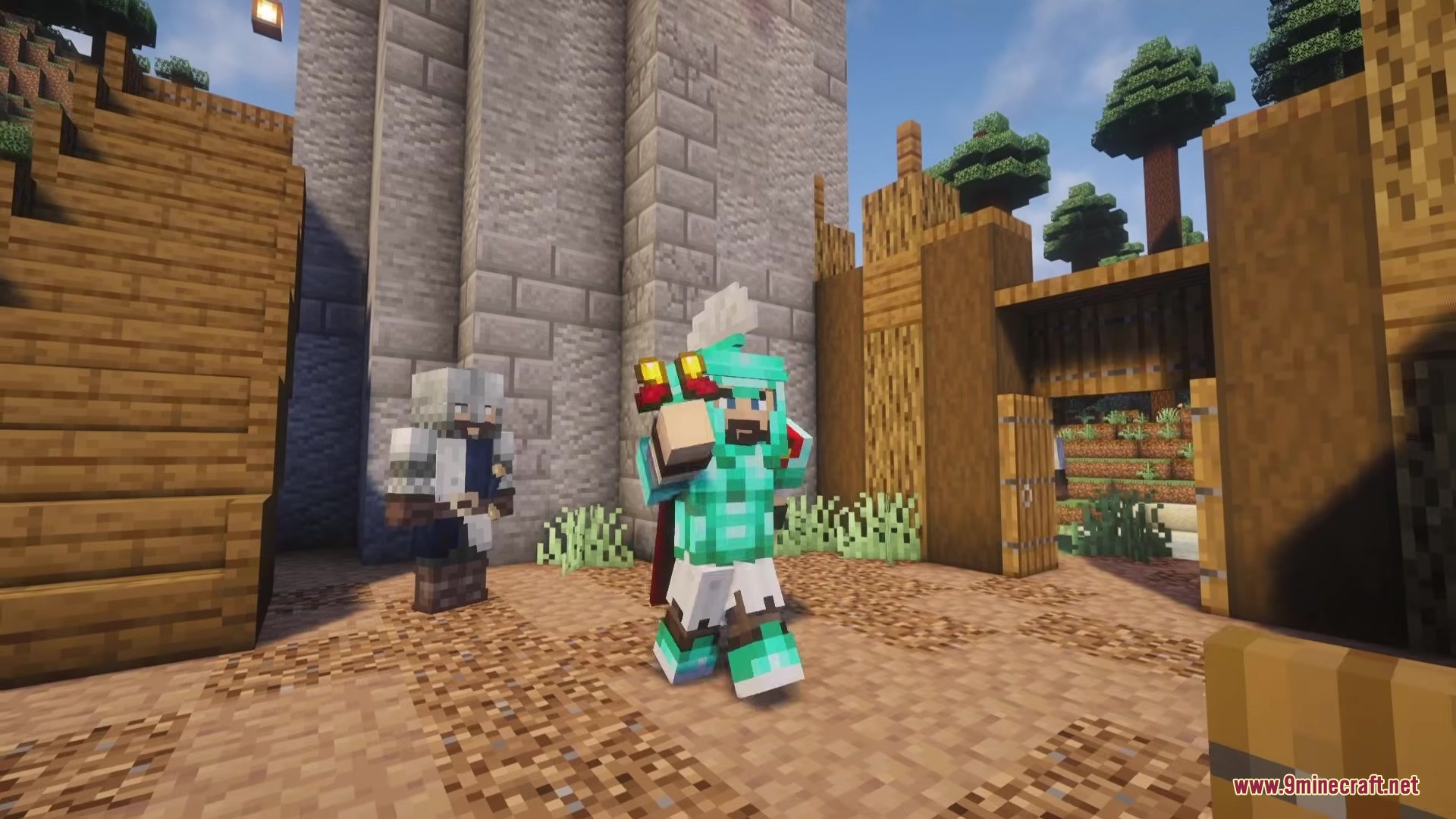 A warrior in teal armor stands outside a stone tower and gate