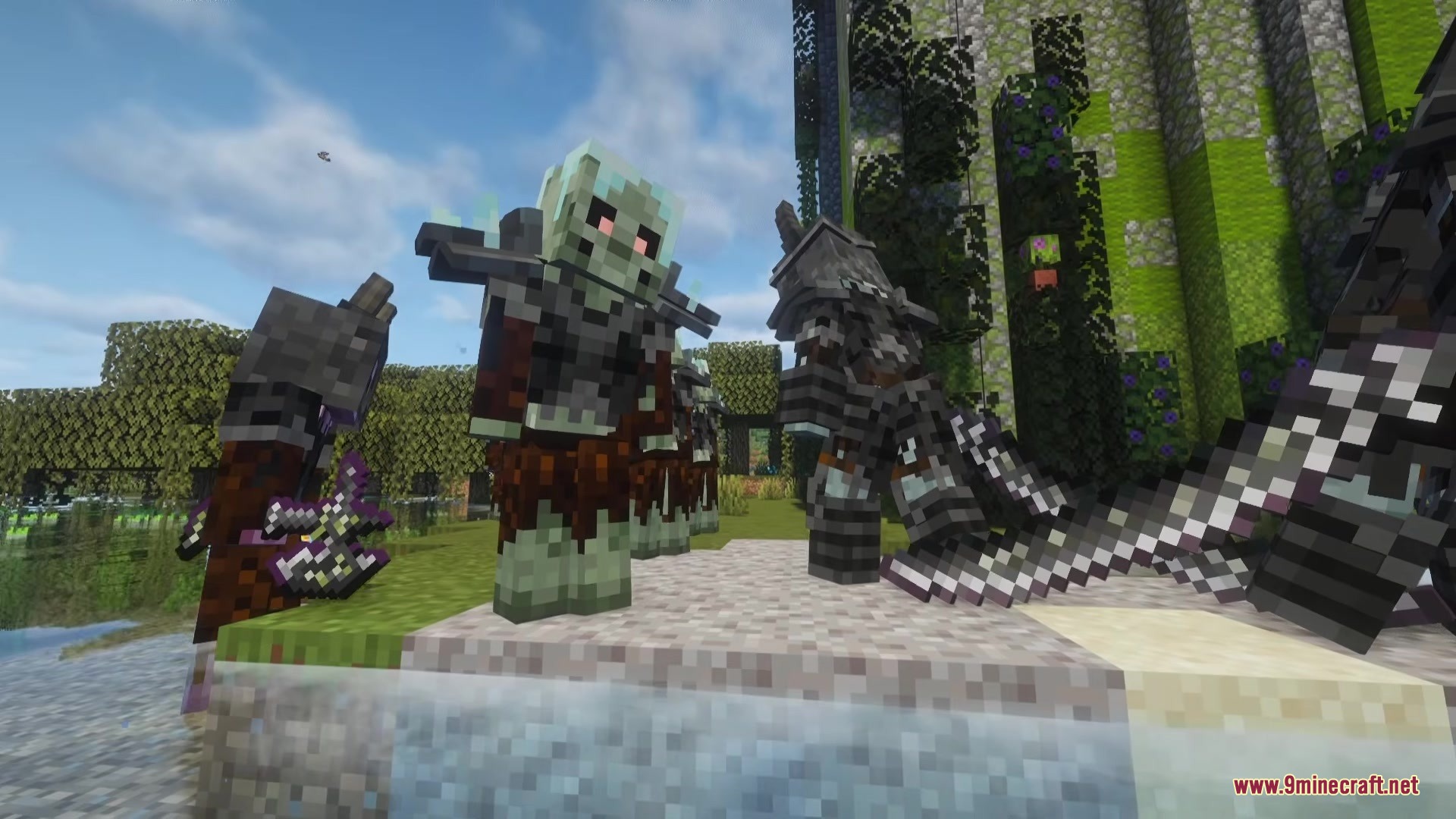 A group of armored Draugr warriors from the Antique Beasts mod
