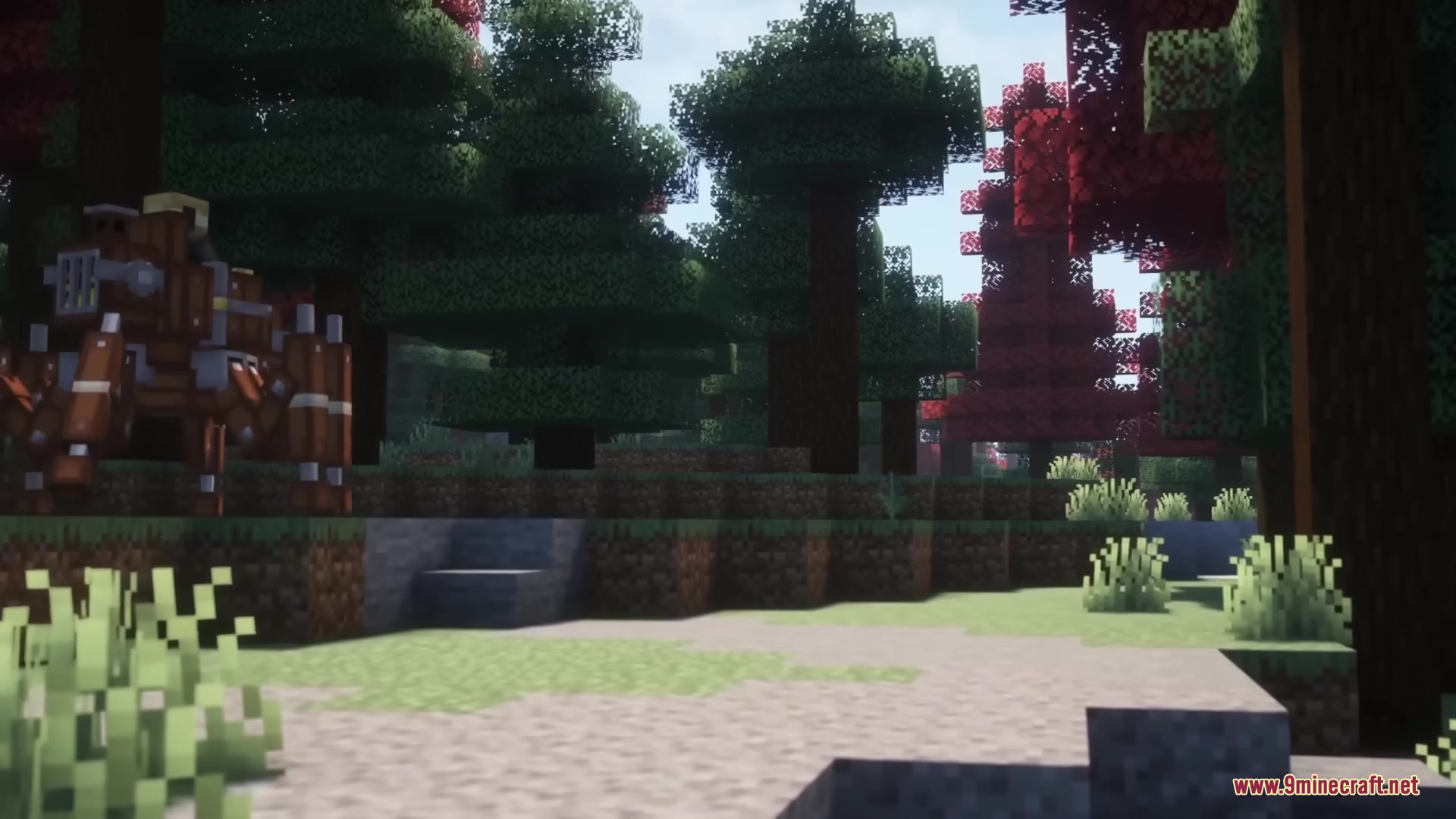 Medieval Embroidery Mod Screenshot 1 A mechanical spider walker stands among tall trees in a dense forest