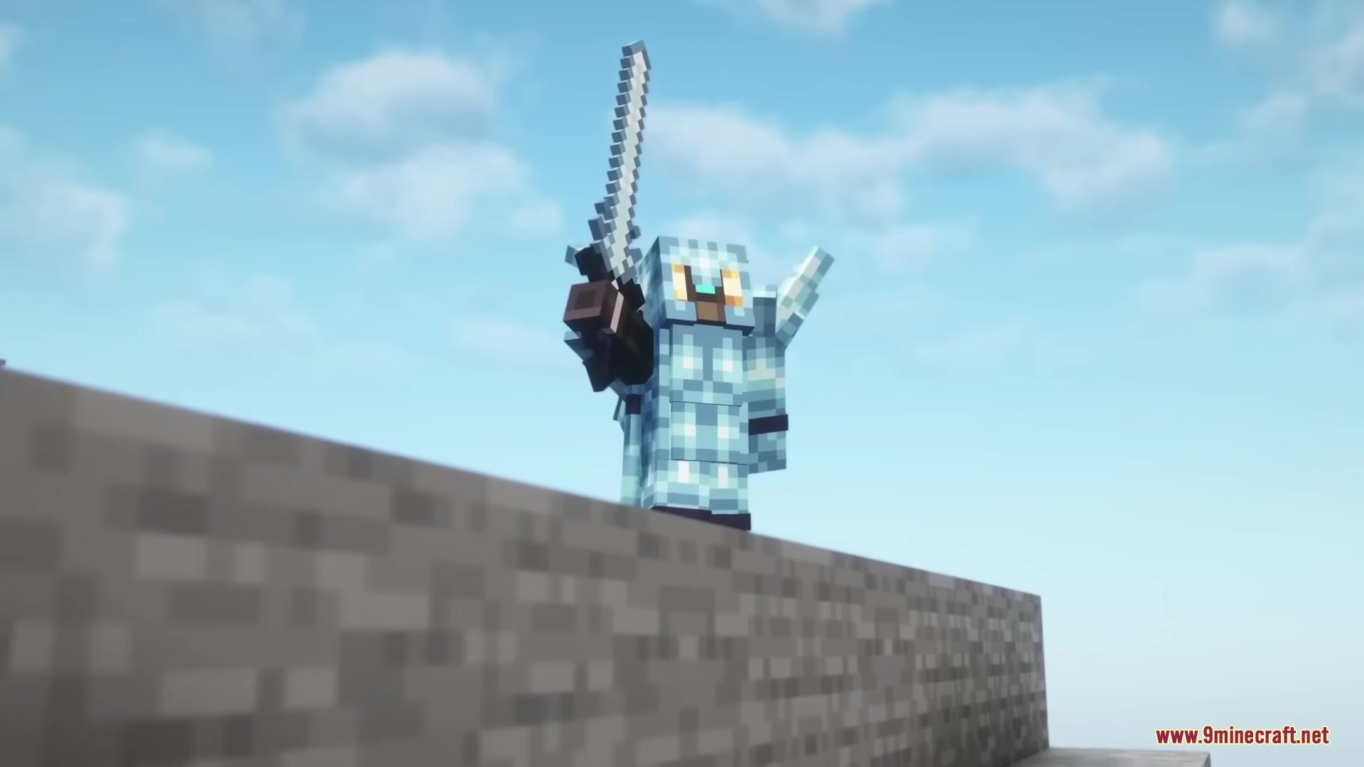 Medieval Embroidery Mod Screenshot 10 A player wearing light blue gemstone armor holding a sword against the sky