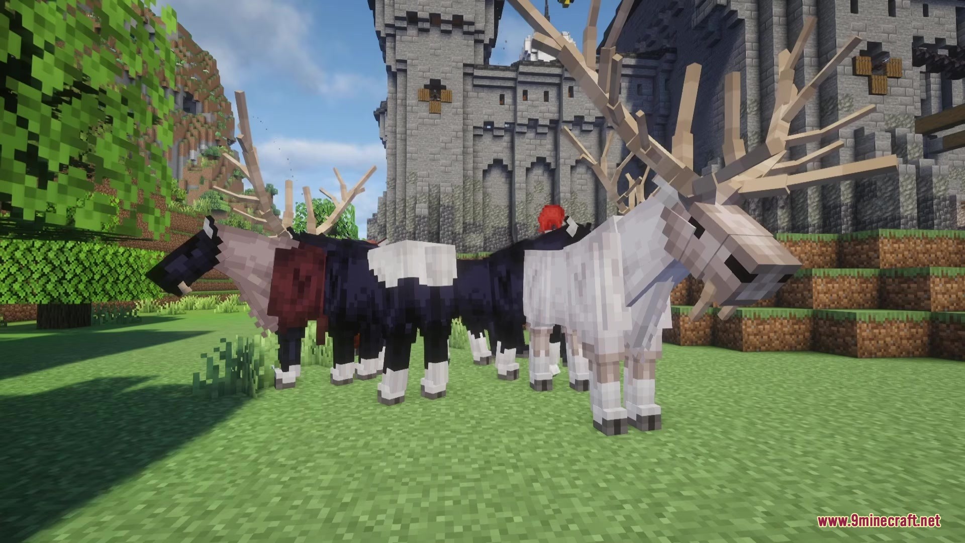 Medieval Embroidery Mod Screenshot 11 Fanged elk with large antlers stand in front of a medieval stone castle