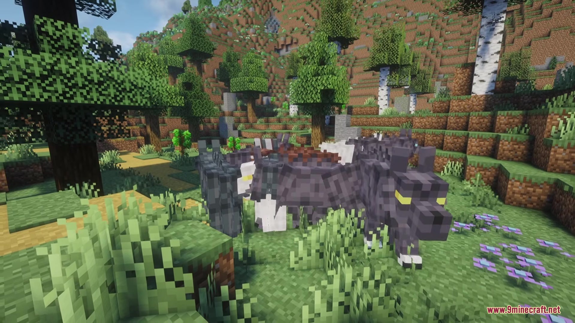 Medieval Embroidery Mod Screenshot 12 A pack of direwolves with glowing yellow eyes roaming through a forest biome