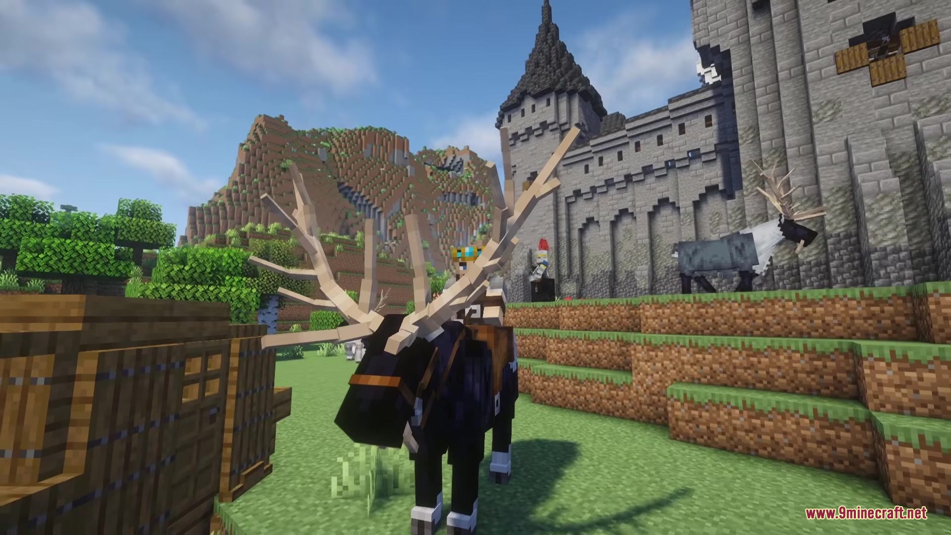 Medieval Embroidery Mod Screenshot 13 A player riding a fanged elk with massive antlers near a stone castle