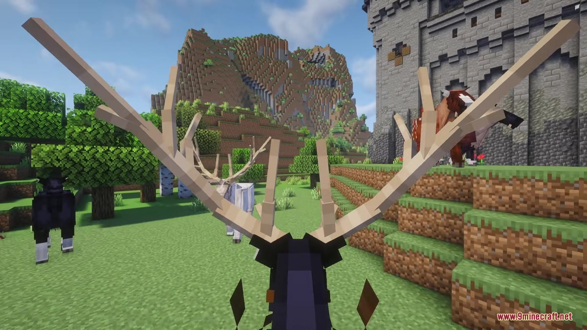 Medieval Embroidery Mod Screenshot 15 First person view of riding a fanged elk near a large stone castle