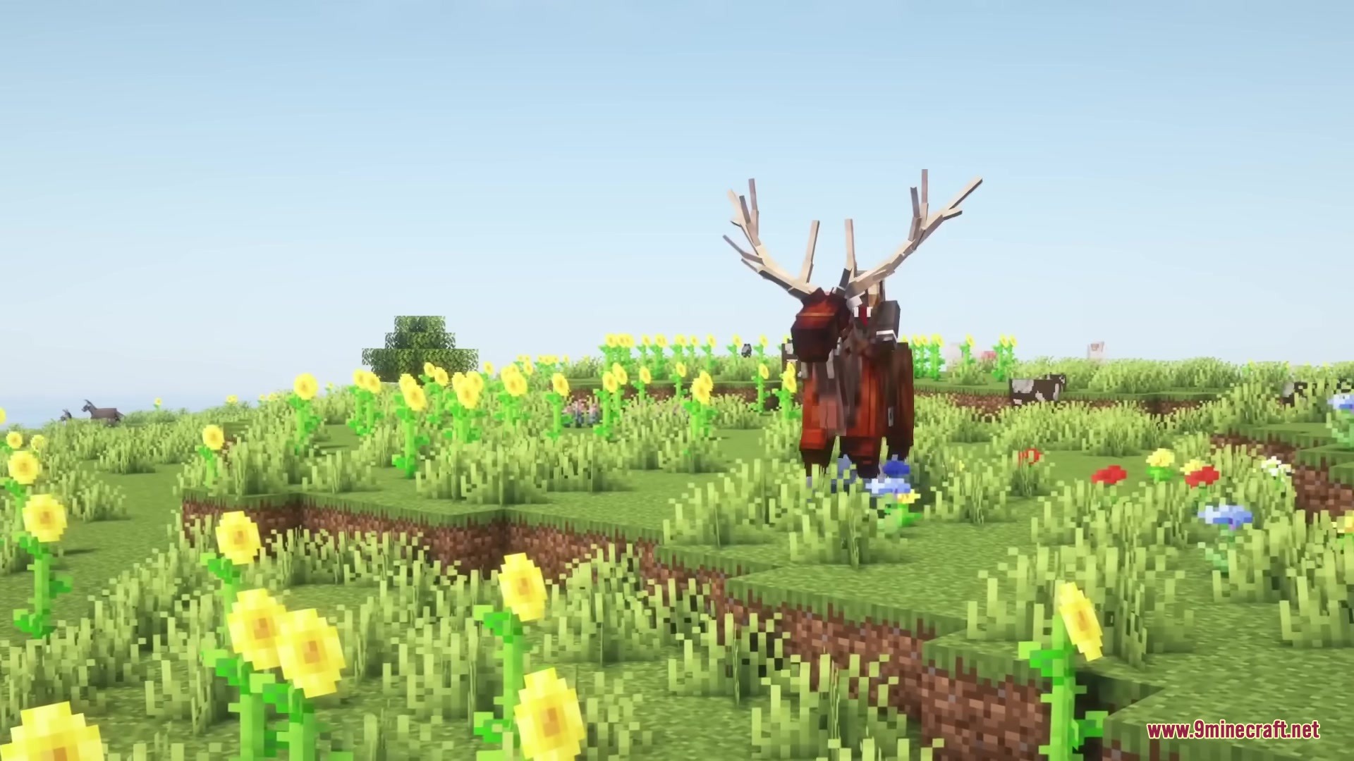 Medieval Embroidery Mod Screenshot 3 A player explores a sunflower field while riding a majestic Fanged Elk
