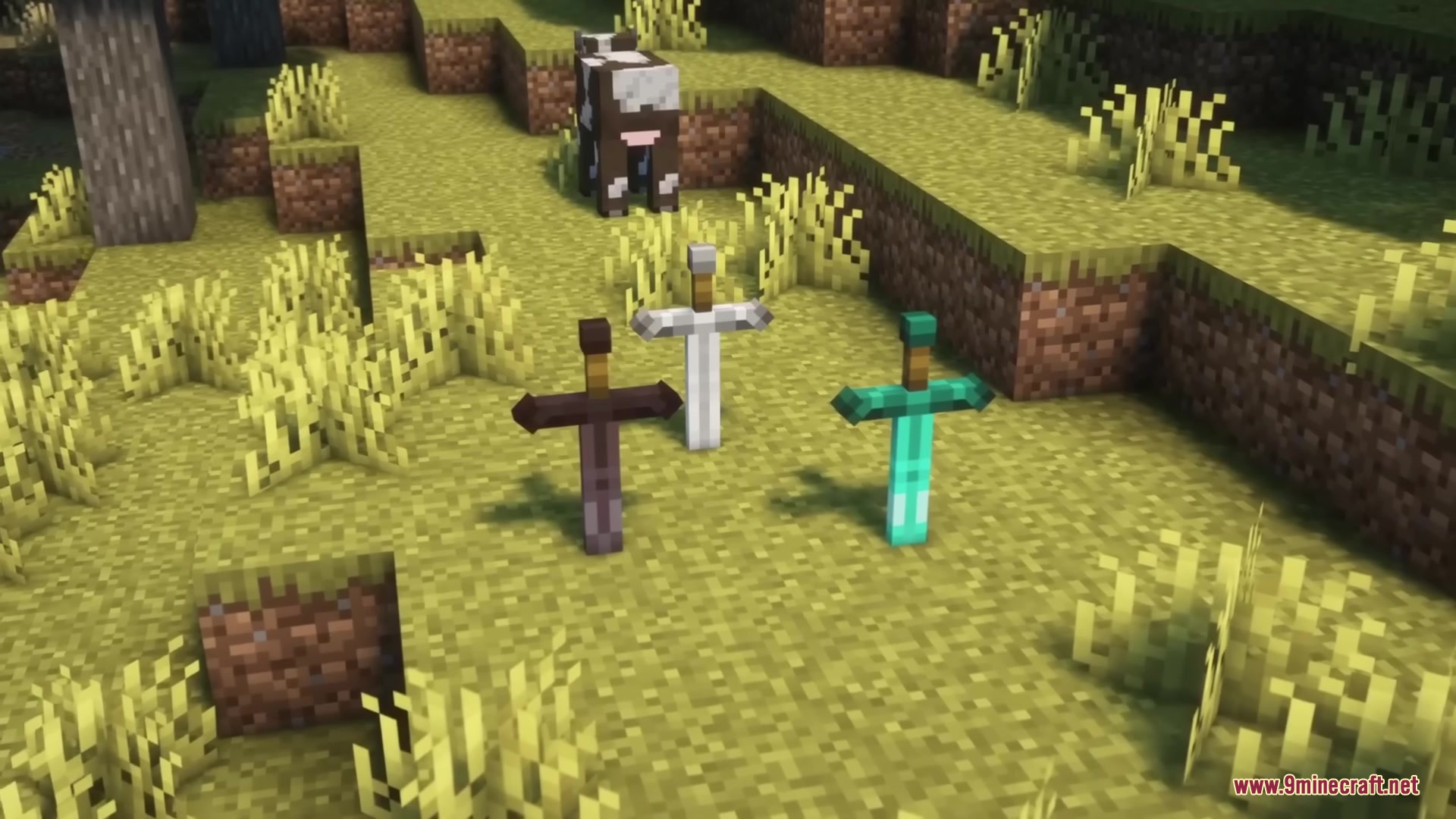 Medieval Embroidery Mod Screenshot 5 Three swords stuck in the ground as decorations in a grassy field