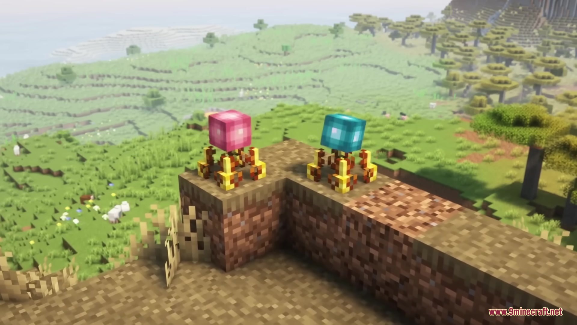 Medieval Embroidery Mod Screenshot 7 Two colorful cube headed fairies standing on dirt blocks overlooking a vast landscape