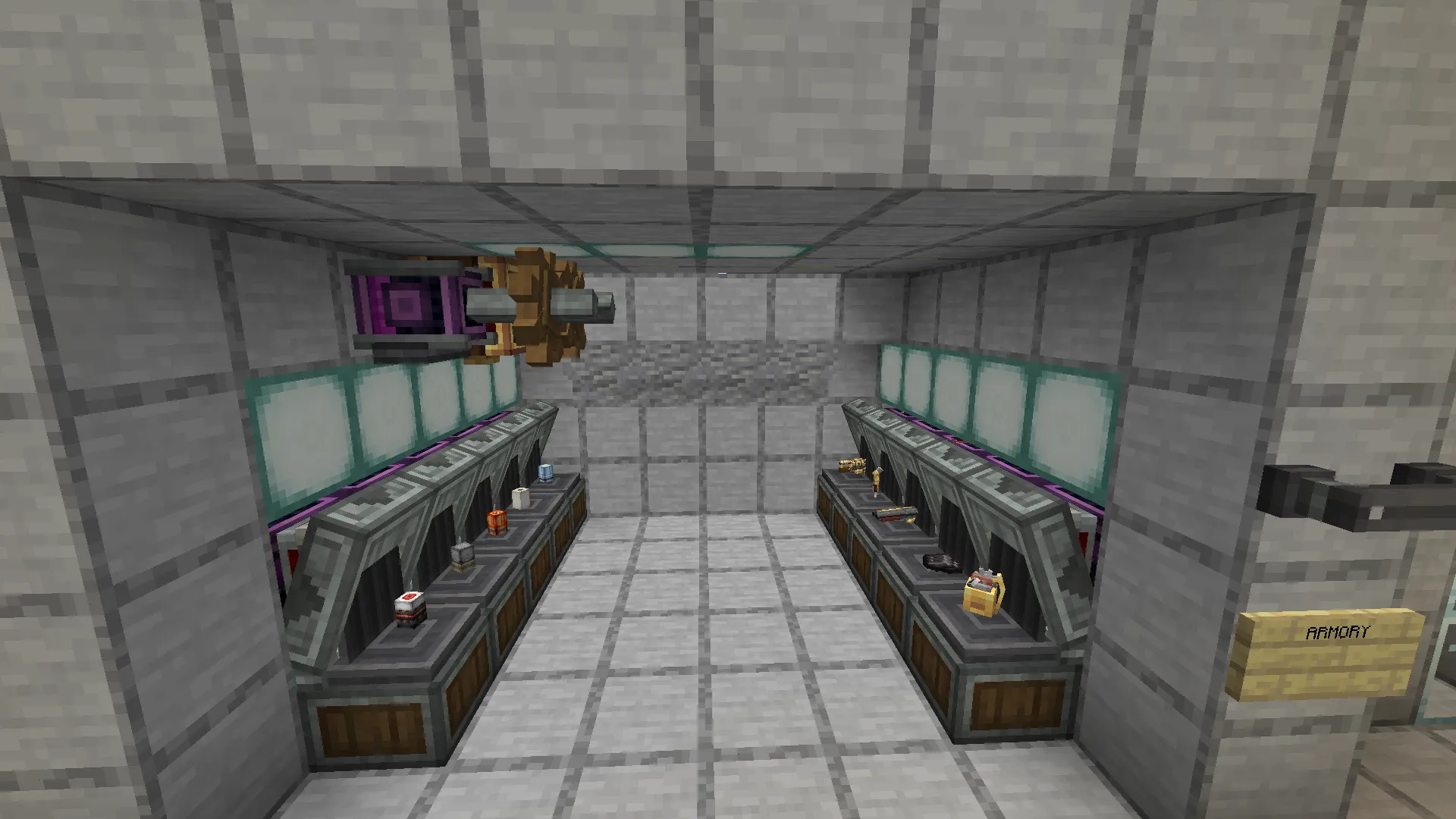 Megamouse Capitas Ship Non Flying Schematic Screenshots 1 Various tools and weapons displayed on counters in a spaceship armory