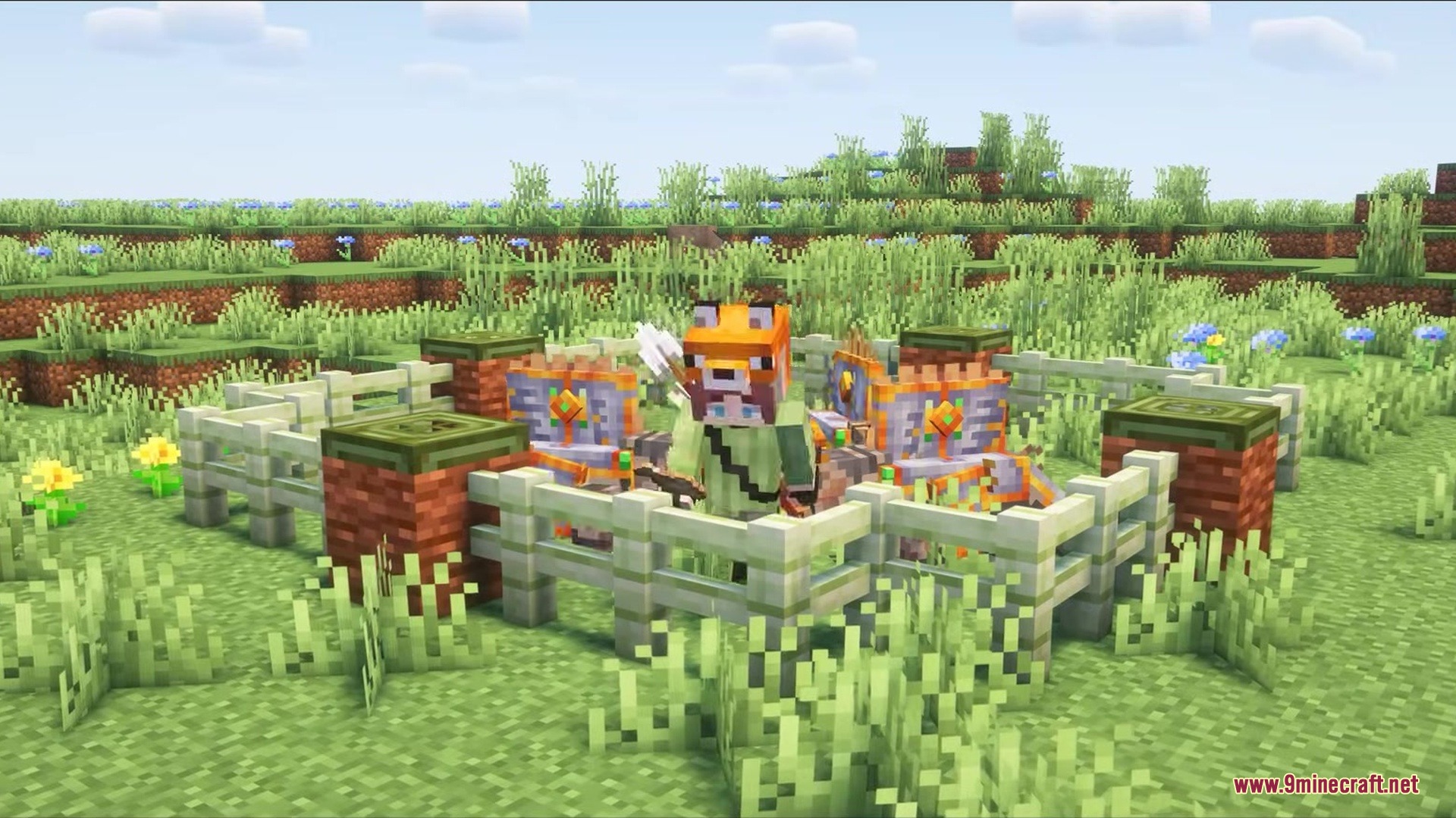 A player wearing a fox hat stands with two decorated Dimetrodons in a pen