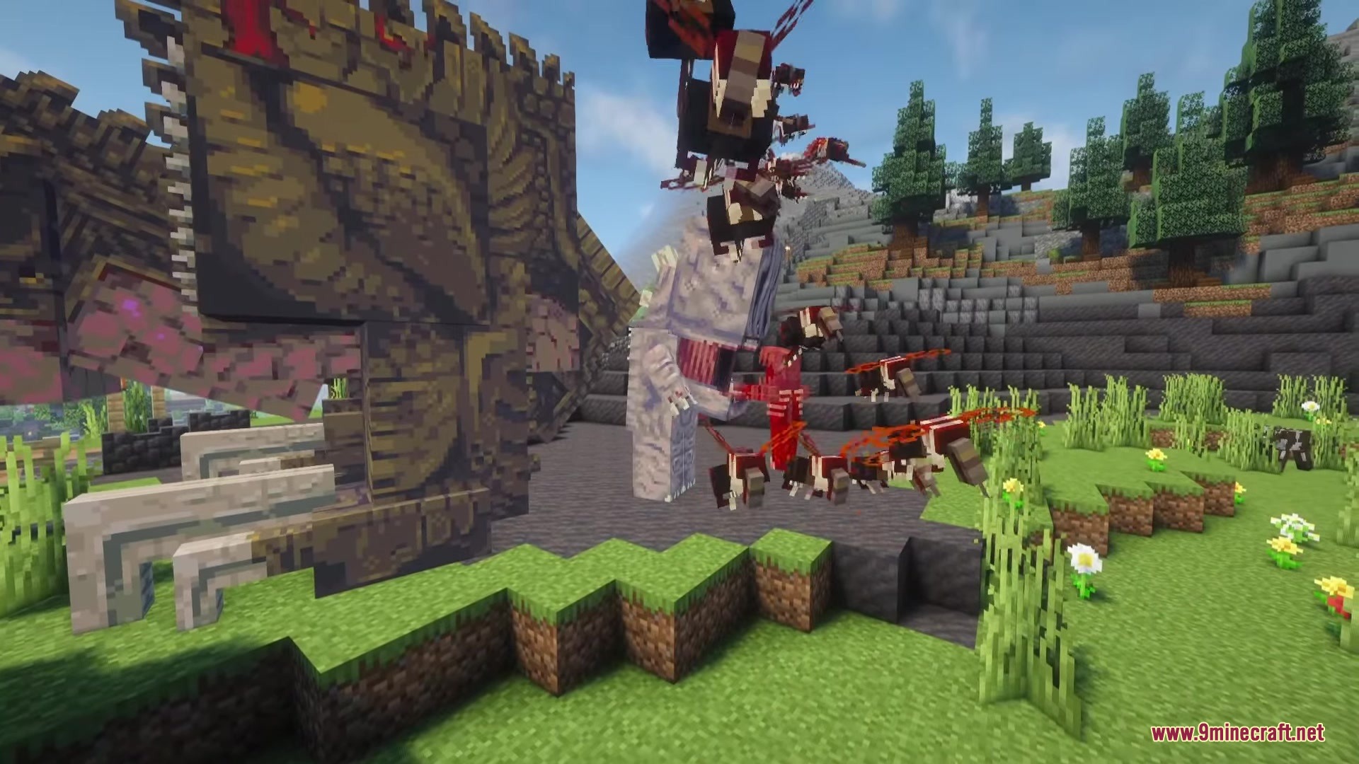 Large stone creature and flying monsters near a structure in Minecraft