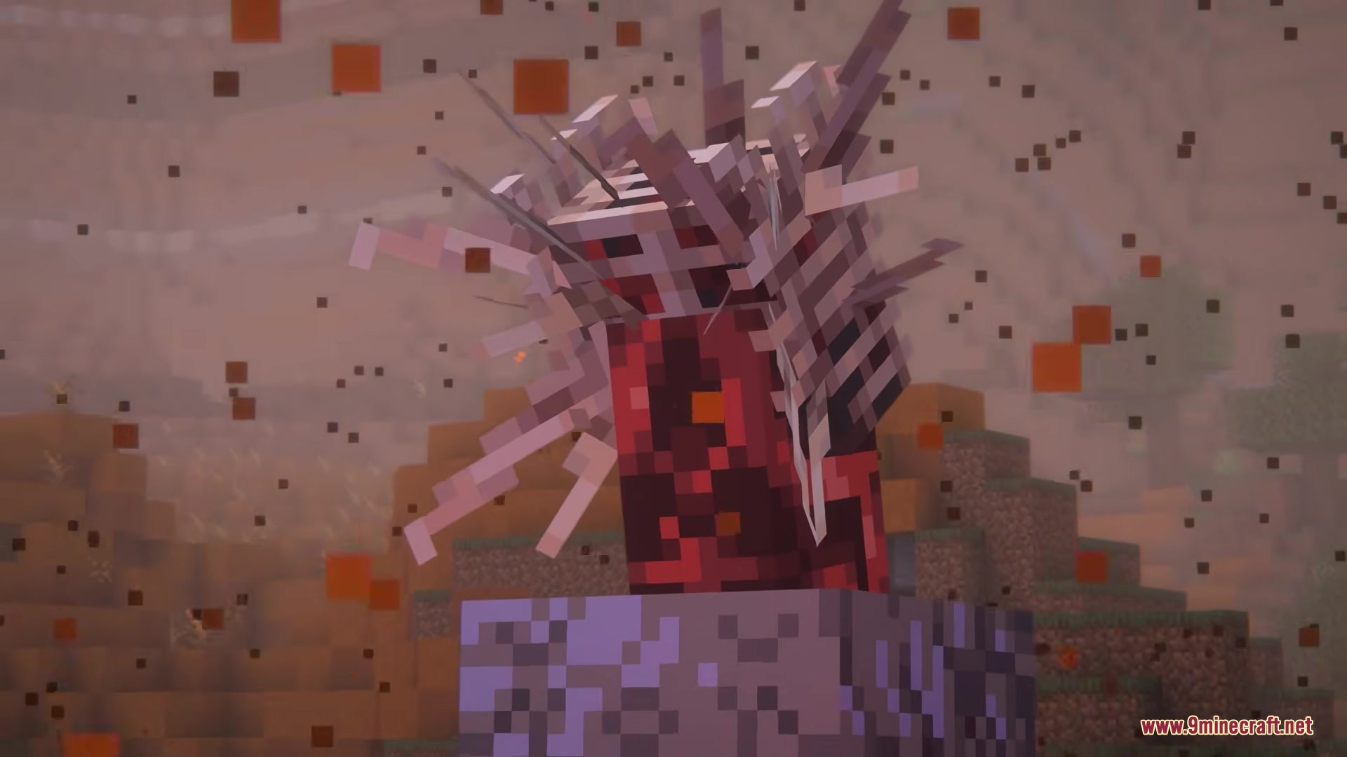 A creepy red creature with white spikes growing on a stone block