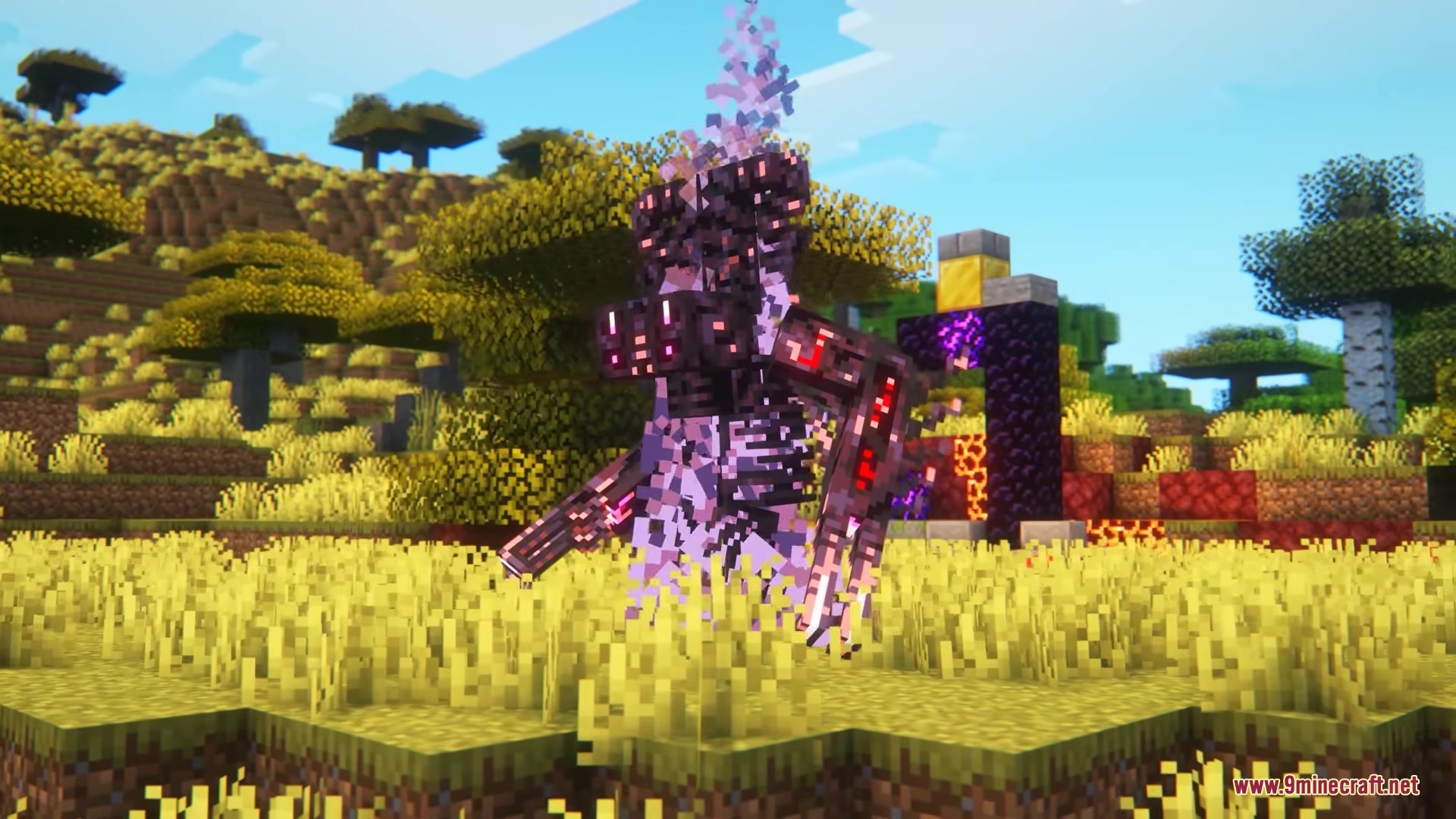 Dark skeletal creature with purple particles near a ruined portal