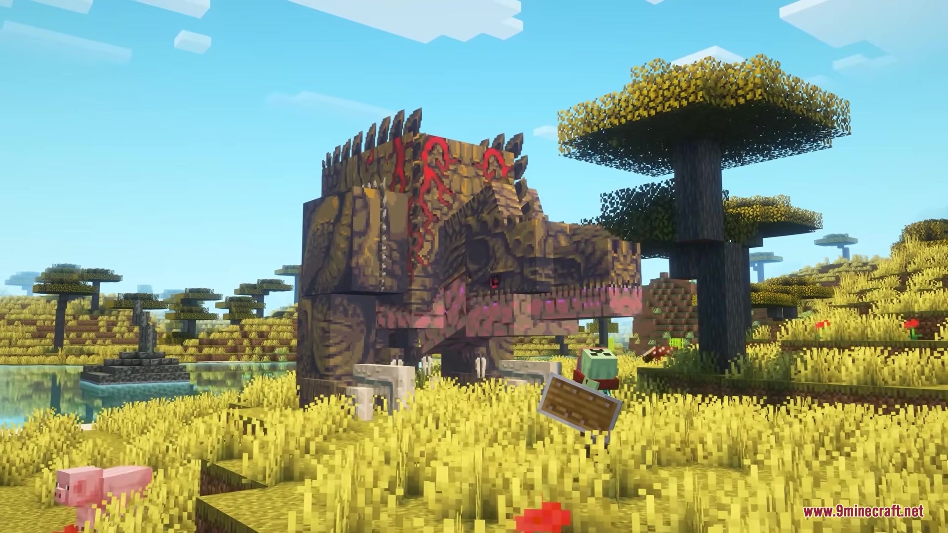 Large stone monster stands in a savanna biome near a player