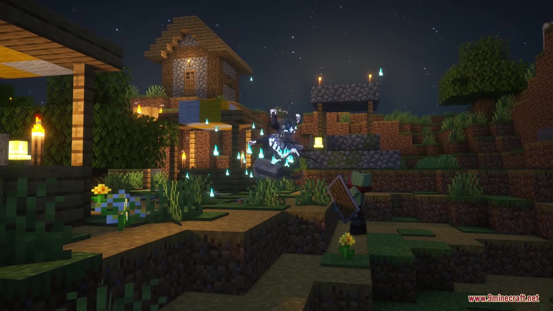 Player fights a glowing blue skeleton mob in a village at night