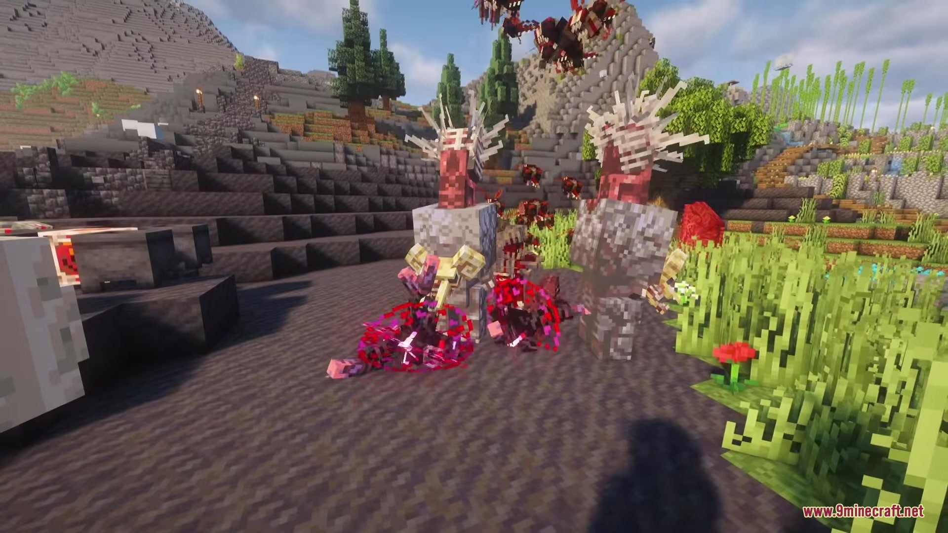 Spiky stone creatures standing near red Cruor liquid on the ground