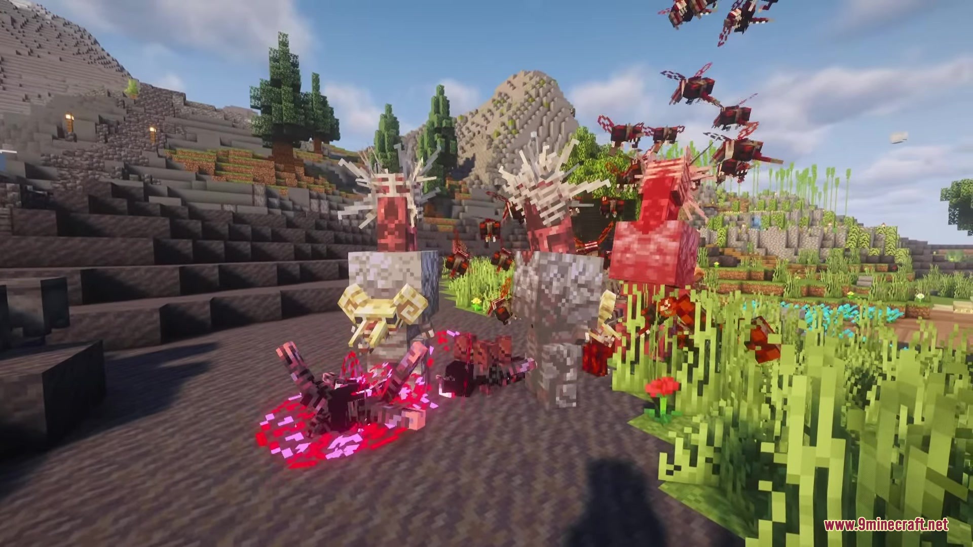 Custom monsters from Metus Oblita Mod gathered in a grassy field