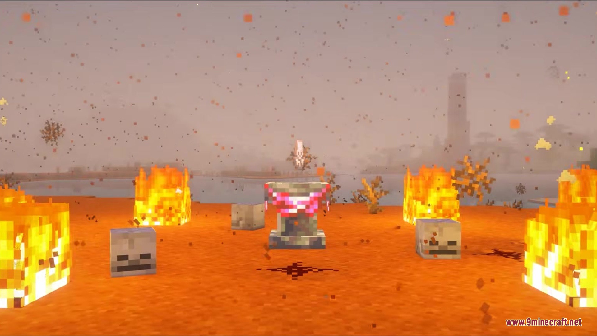 Sacrificial pedestal with skeleton skulls and fire in a foggy landscape