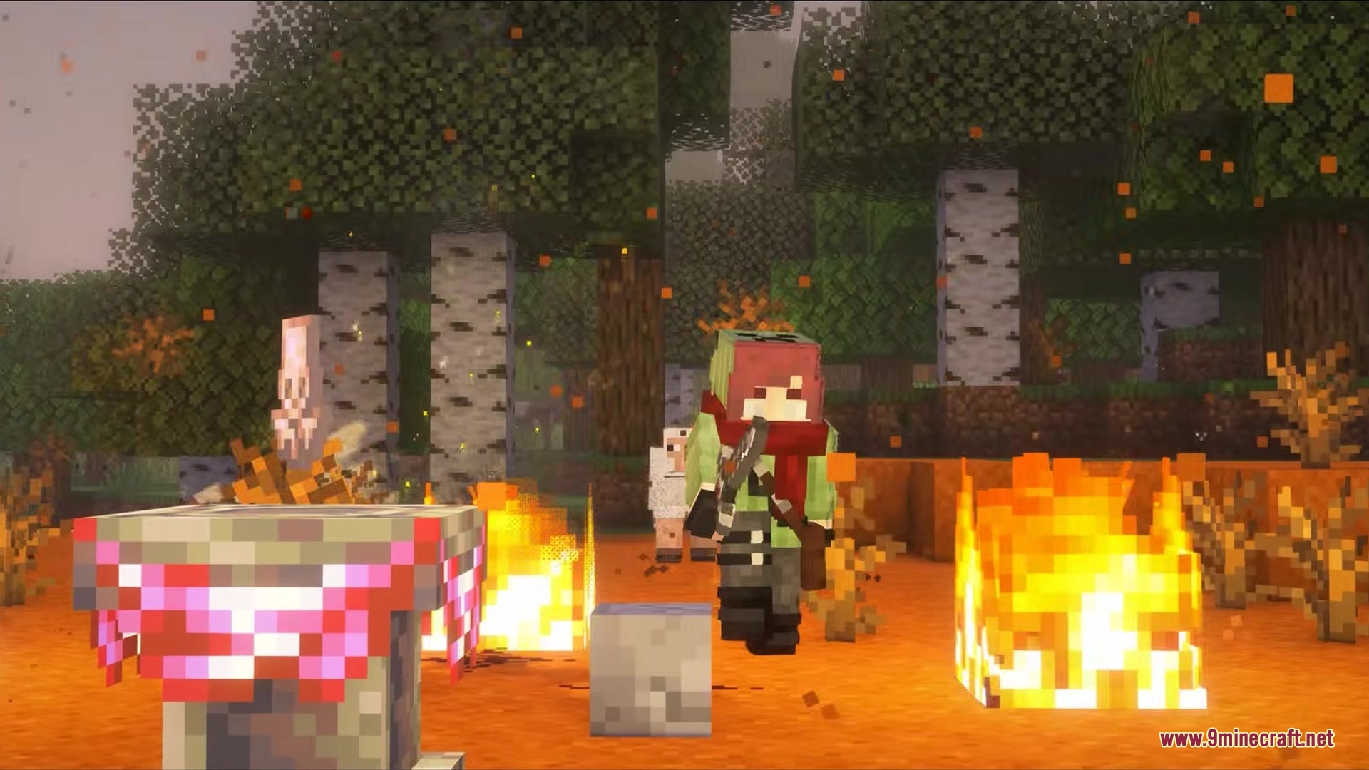 Player character standing near a ritual altar and fire in the forest