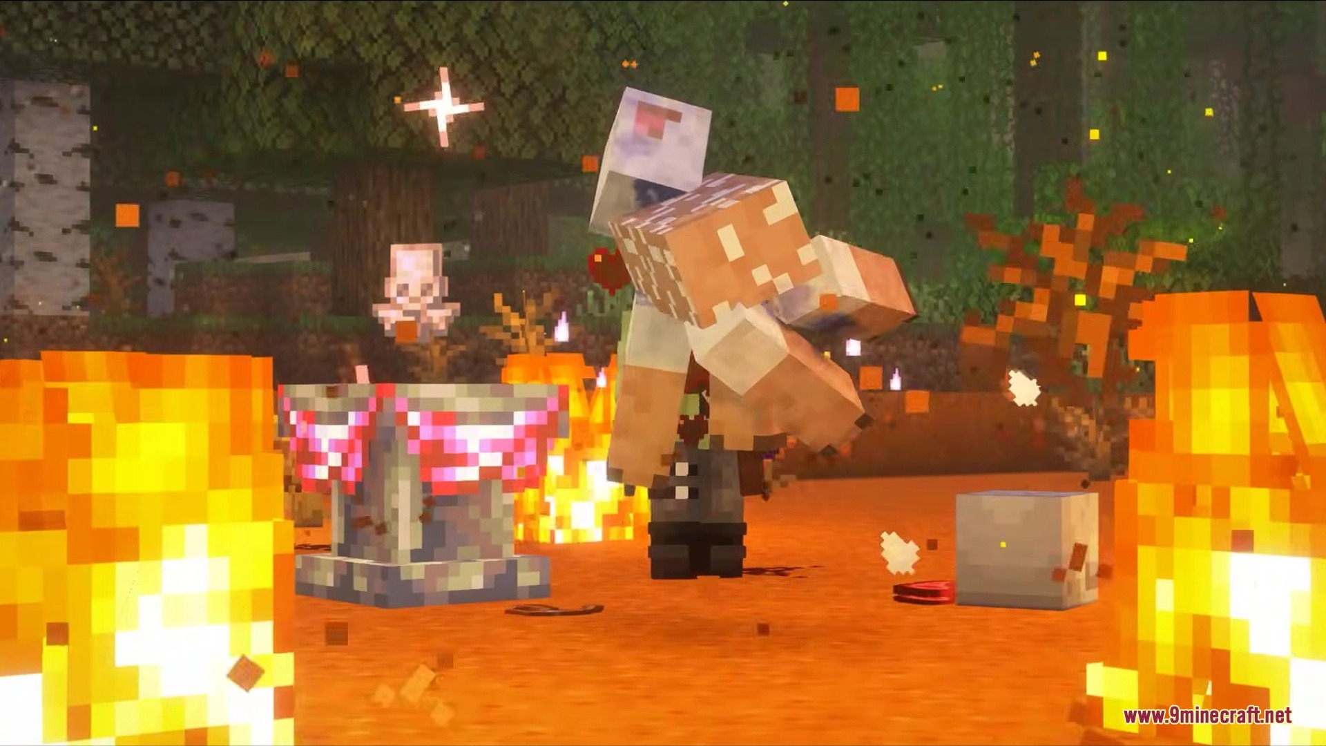 Minecraft player performing a dark magic ritual with fire and a pedestal