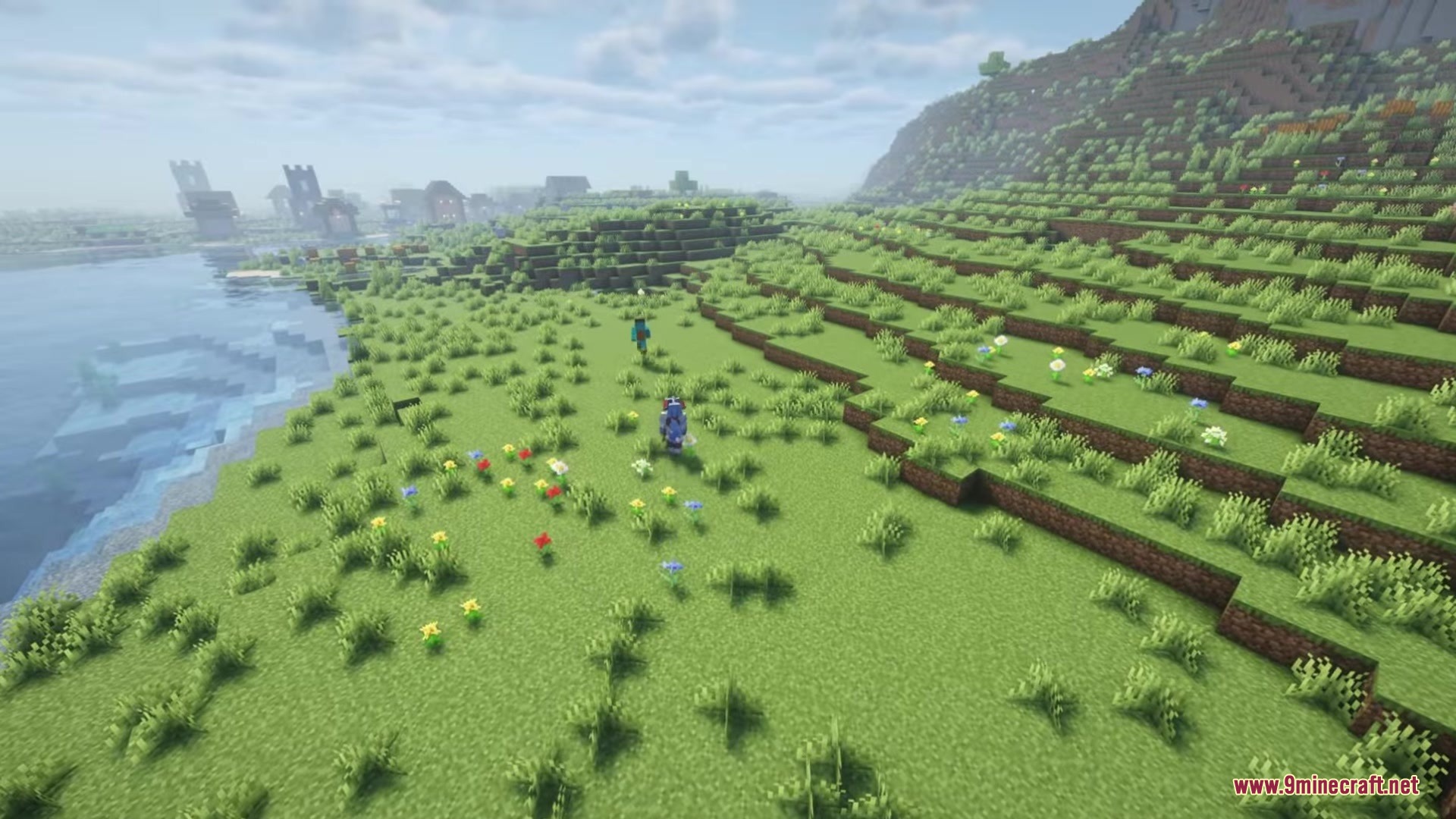 Migamigos Mod Screenshot 1 Two companions walking through a flowery meadow next to a calm river