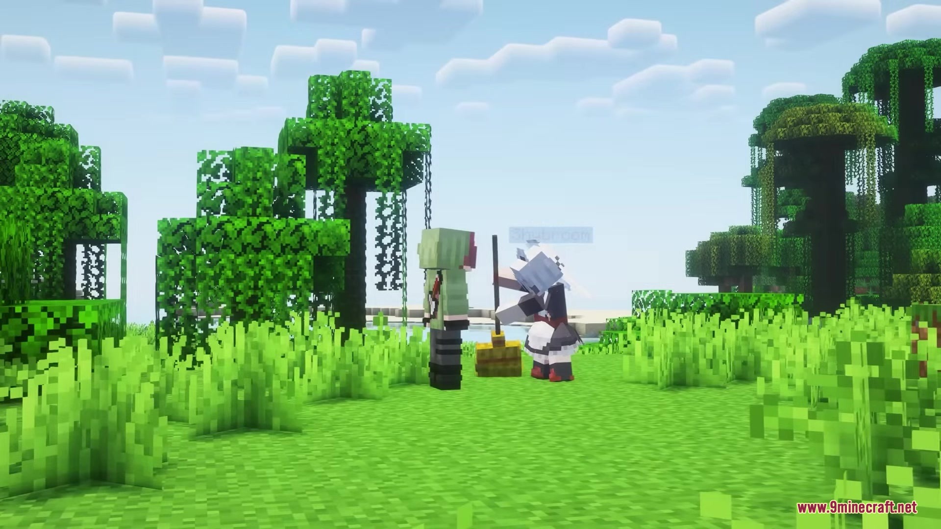 Migamigos Mod Screenshot 2 Shybroom the maid companion sweeps the ground while standing next to a player