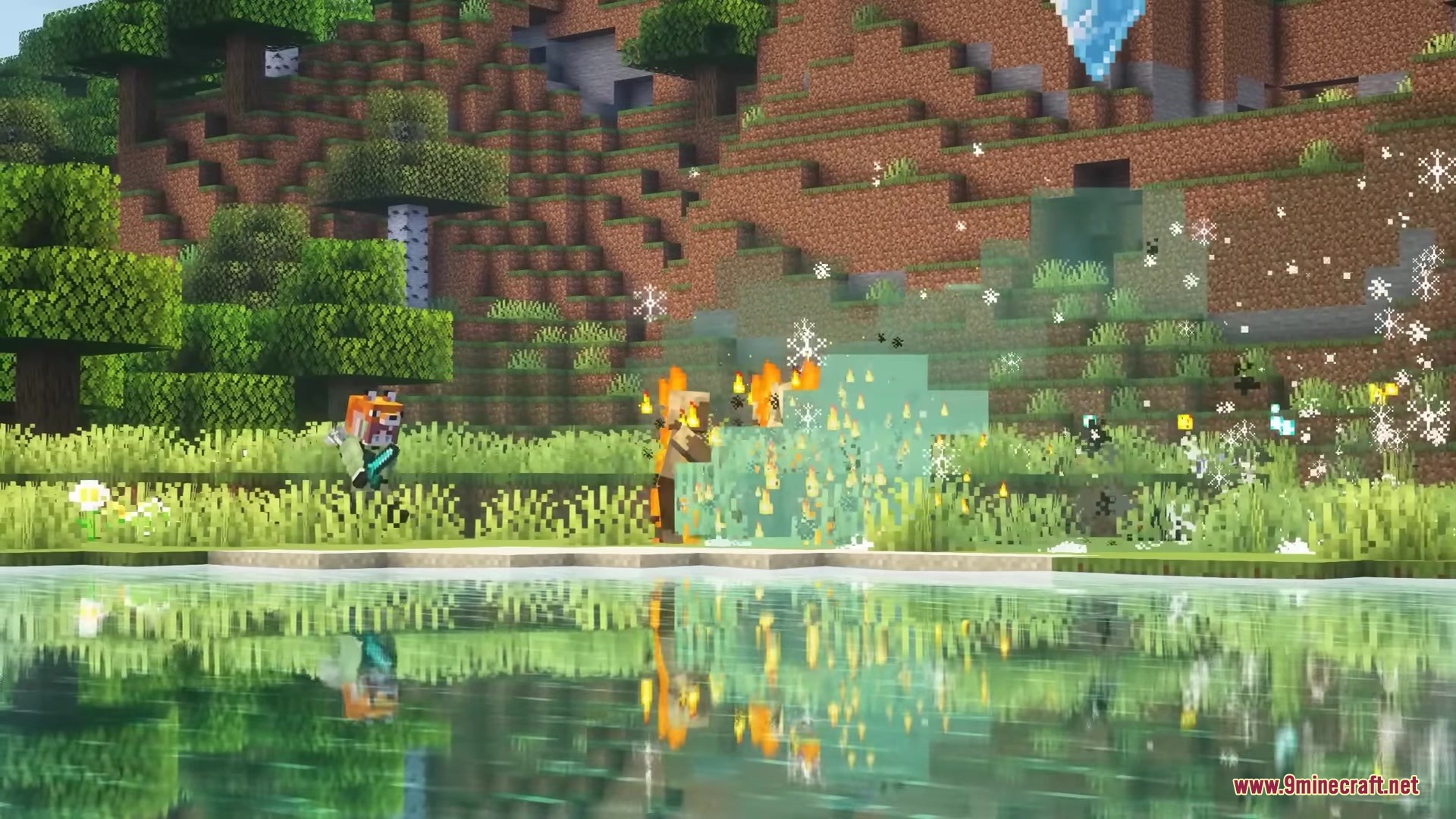 Migamigos Mod Screenshot 3 A companion character uses magical fire and ice attacks near a scenic lake
