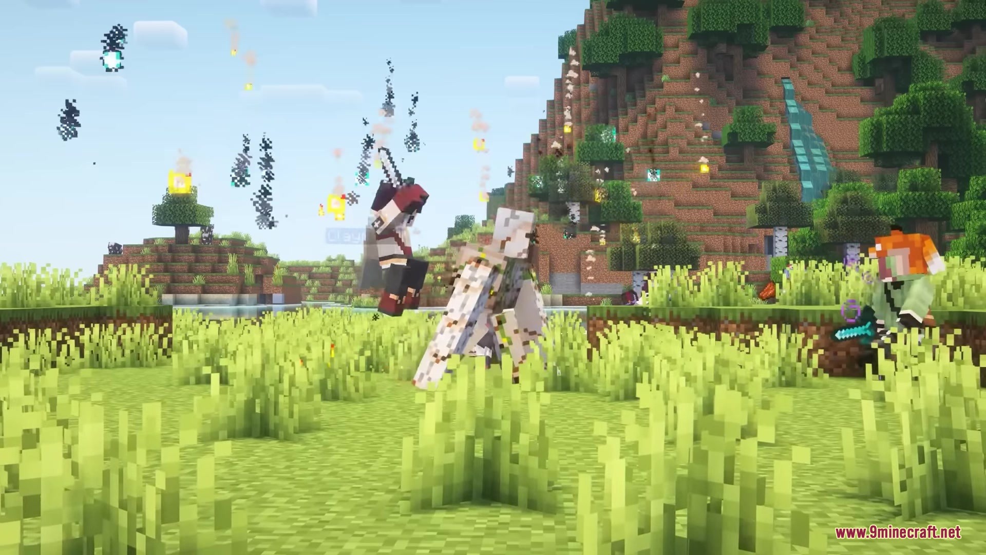 Migamigos Mod Screenshot 4 A warrior companion performs a jumping attack during combat in a grassy field