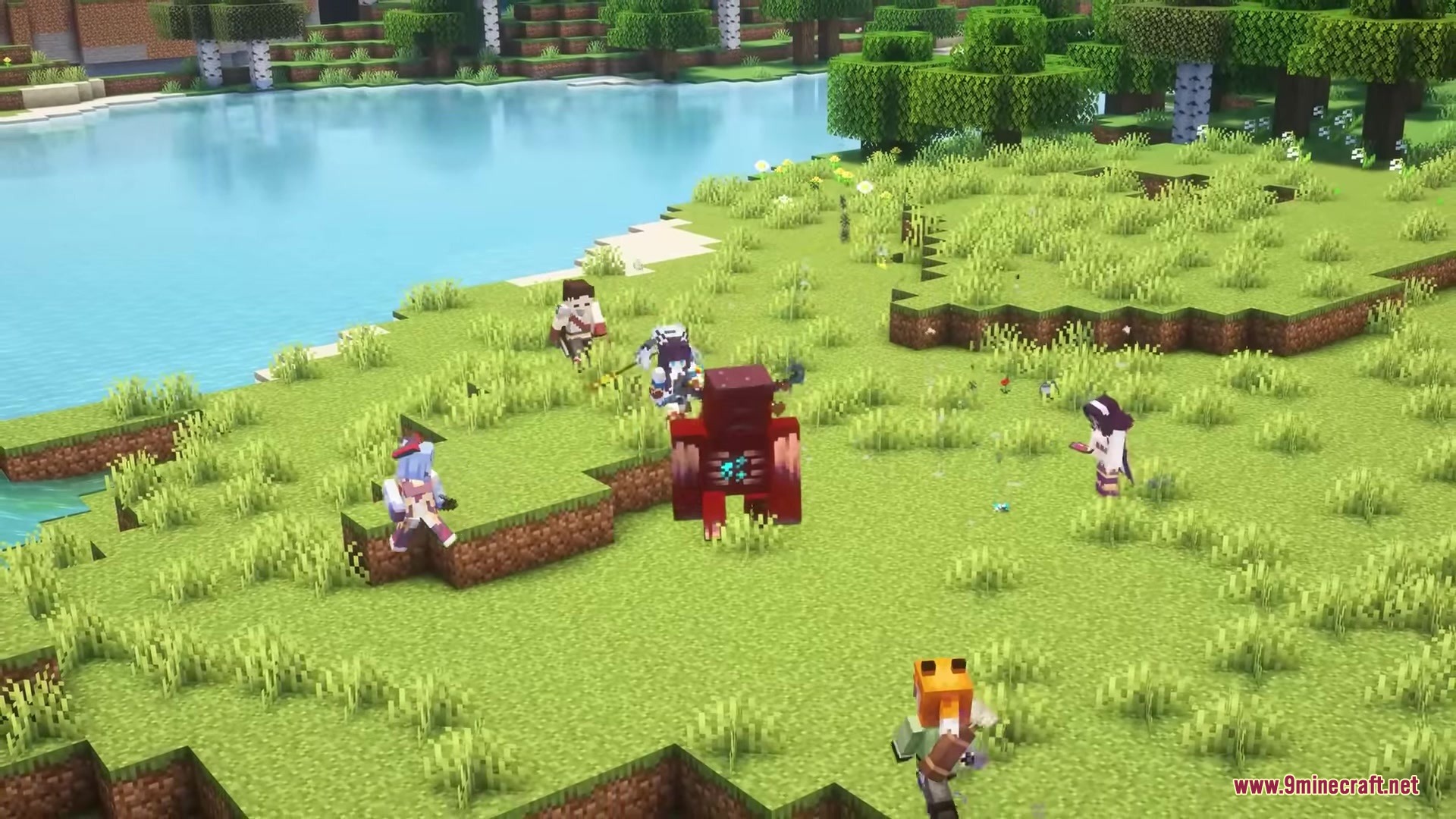 Migamigos Mod Screenshot 5 Anime style companions battle a hostile red mob near a large lake