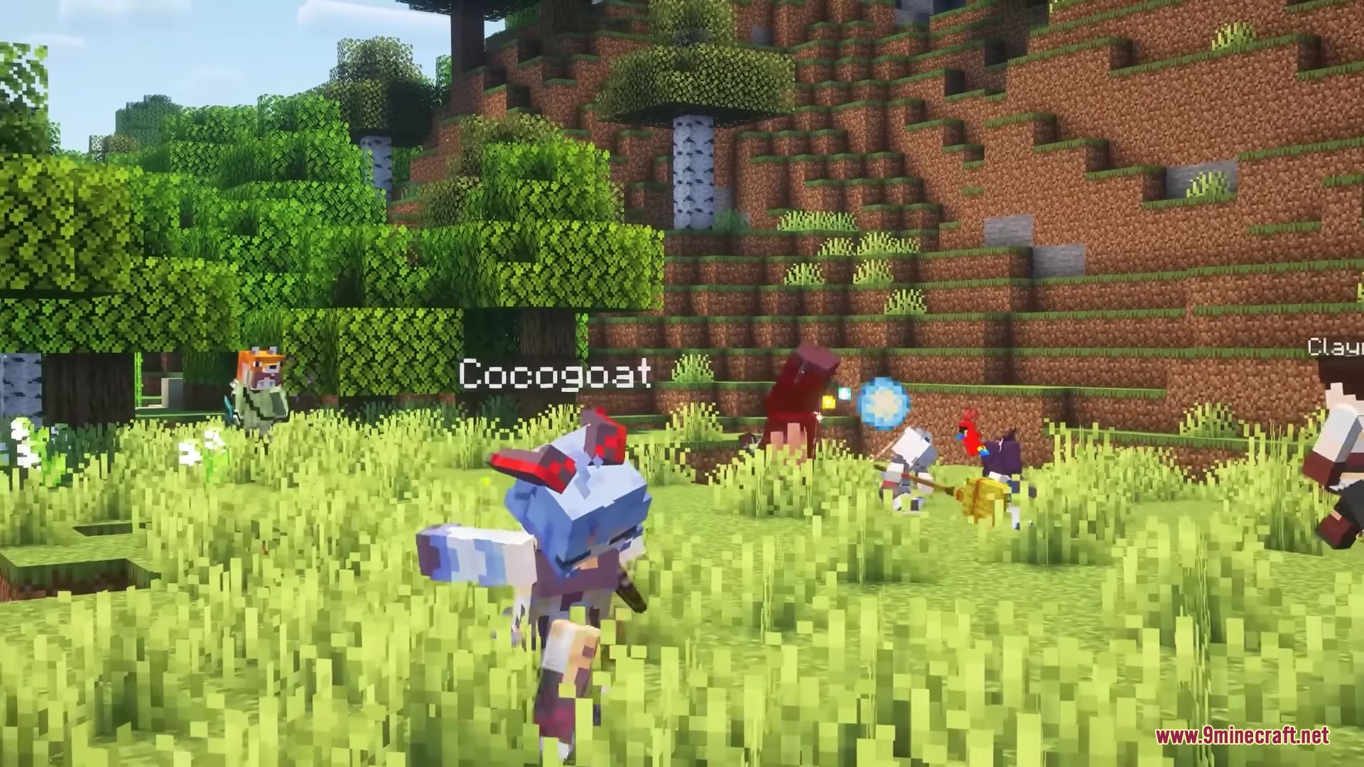 Migamigos Mod Screenshot 6 The Cocogoat companion explores a lush forest biome near a steep hill