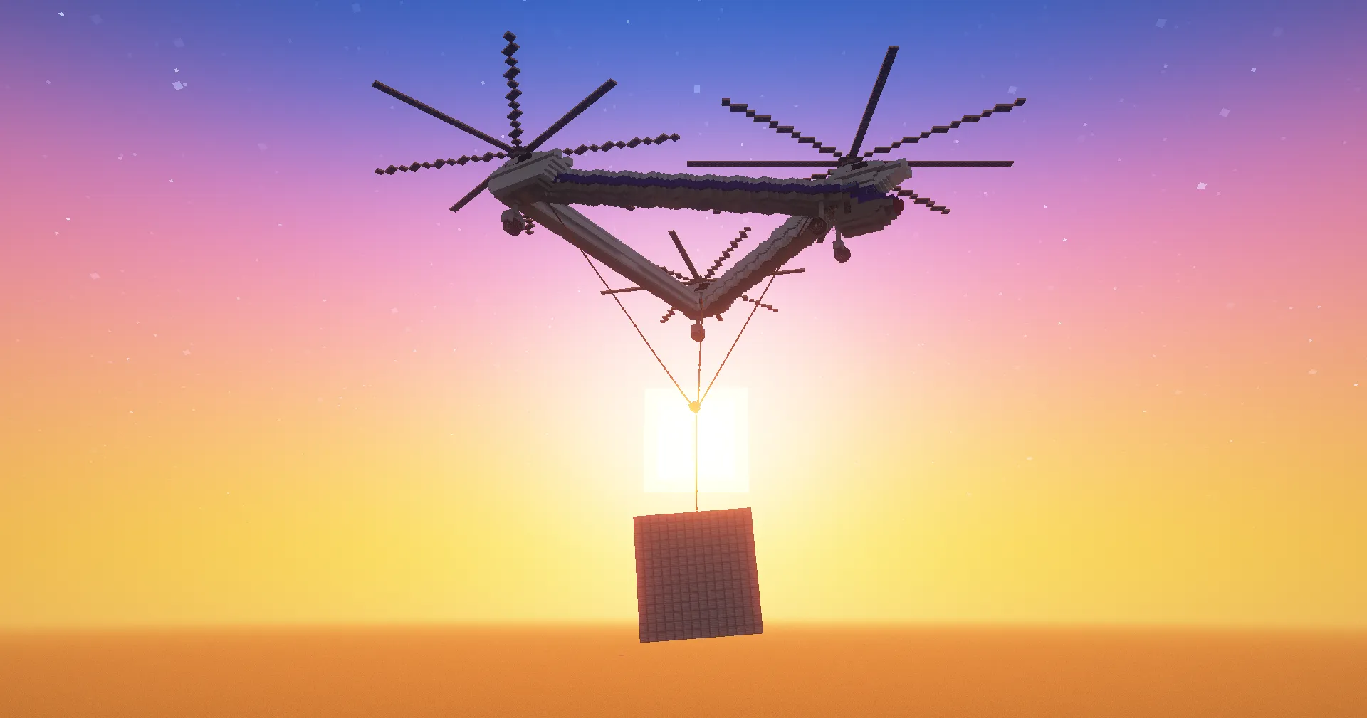 Mil Mi 32 Survival Friendly Schematic Screenshots 1 Large triangular helicopter carrying a heavy cargo crate during a sunset
