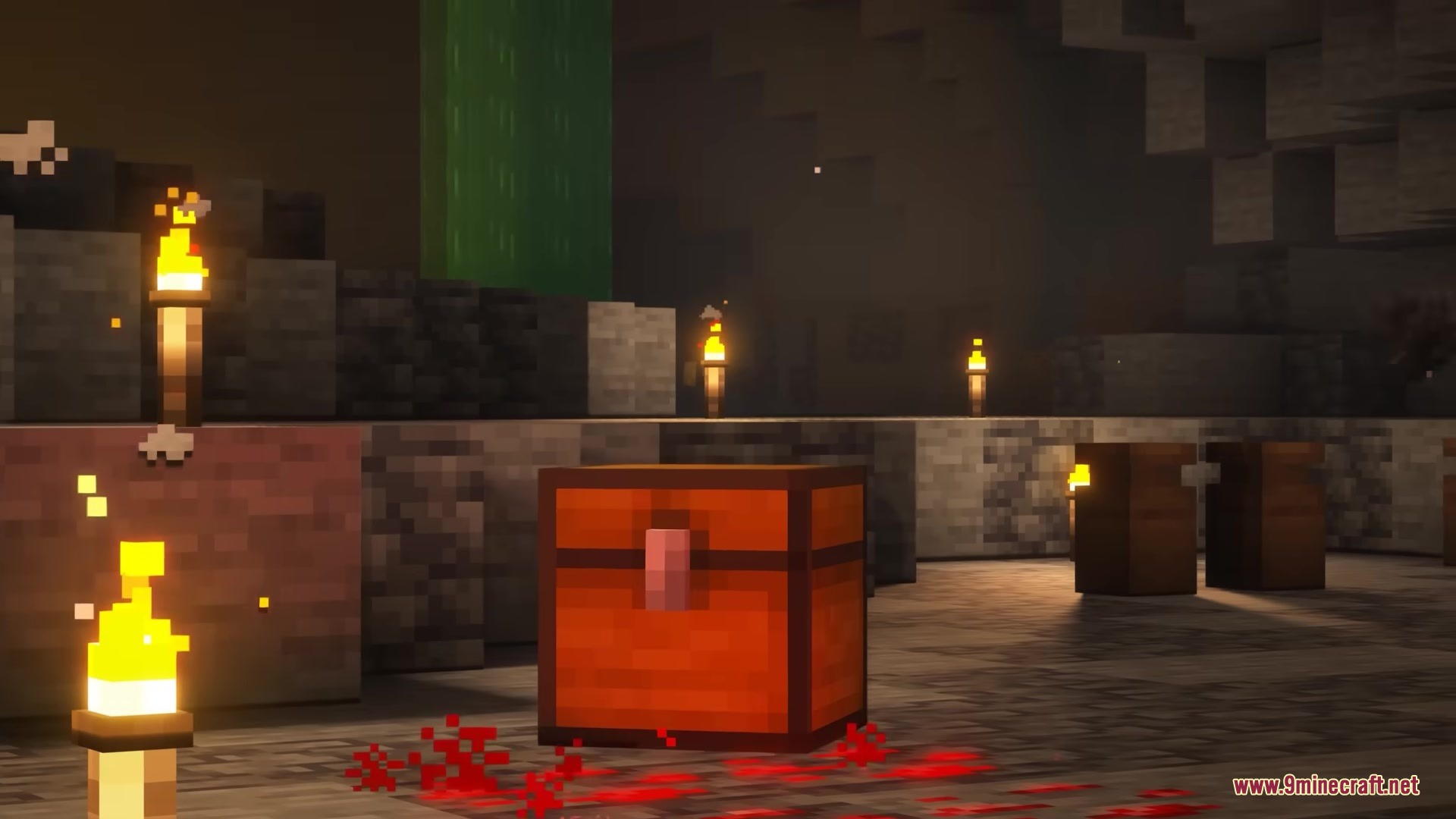 Close up of a suspicious chest with red particles in a dark dungeon